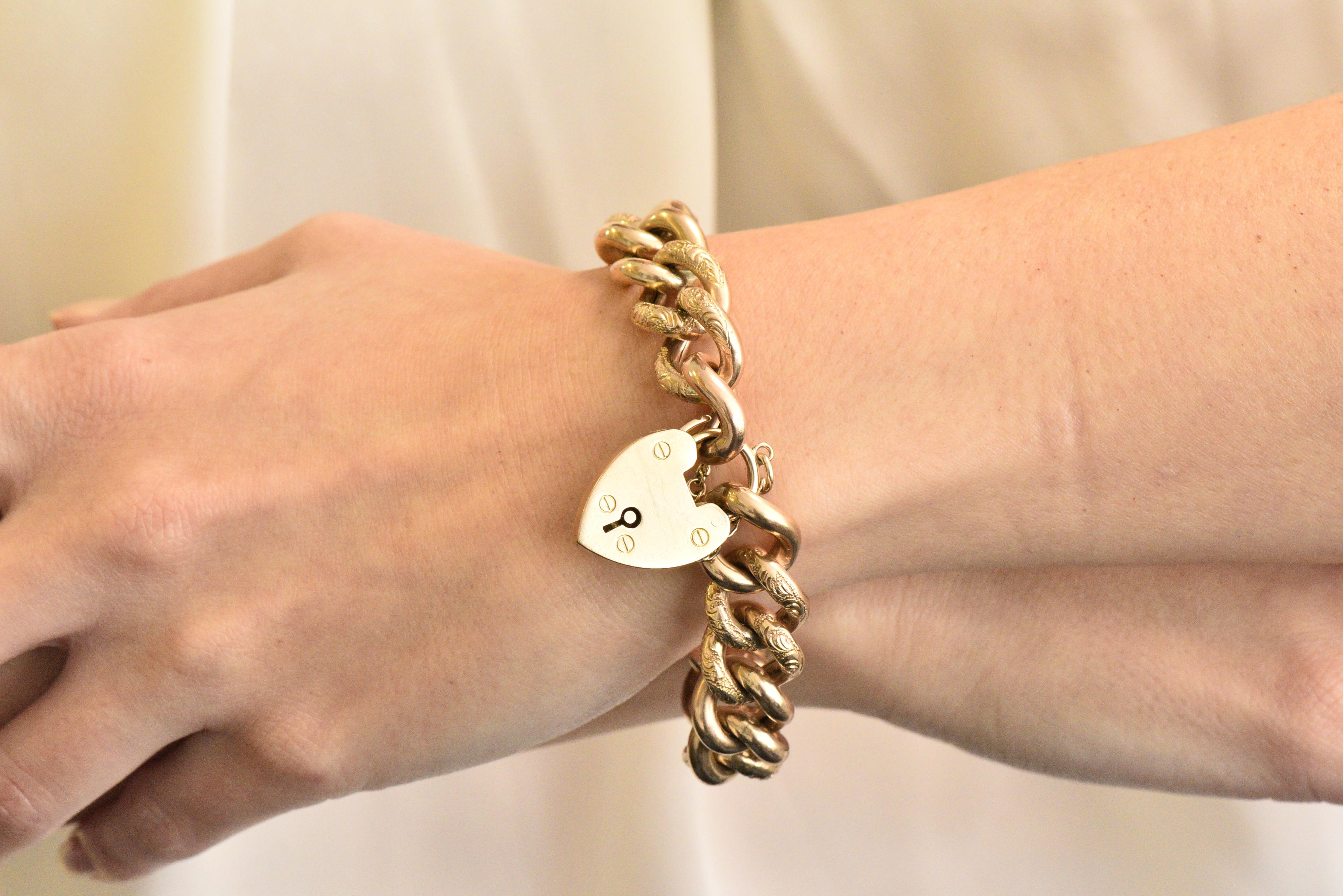 Victorian 9 Karat Rose Gold Heart Padlock Curb Link Bracelet 2