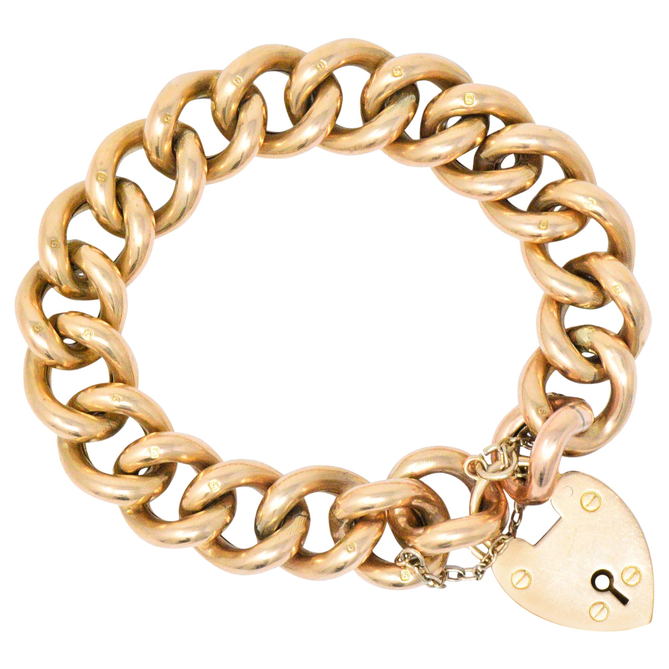 Victorian 9 Karat Rose Gold Heart Padlock Curb Link Bracelet