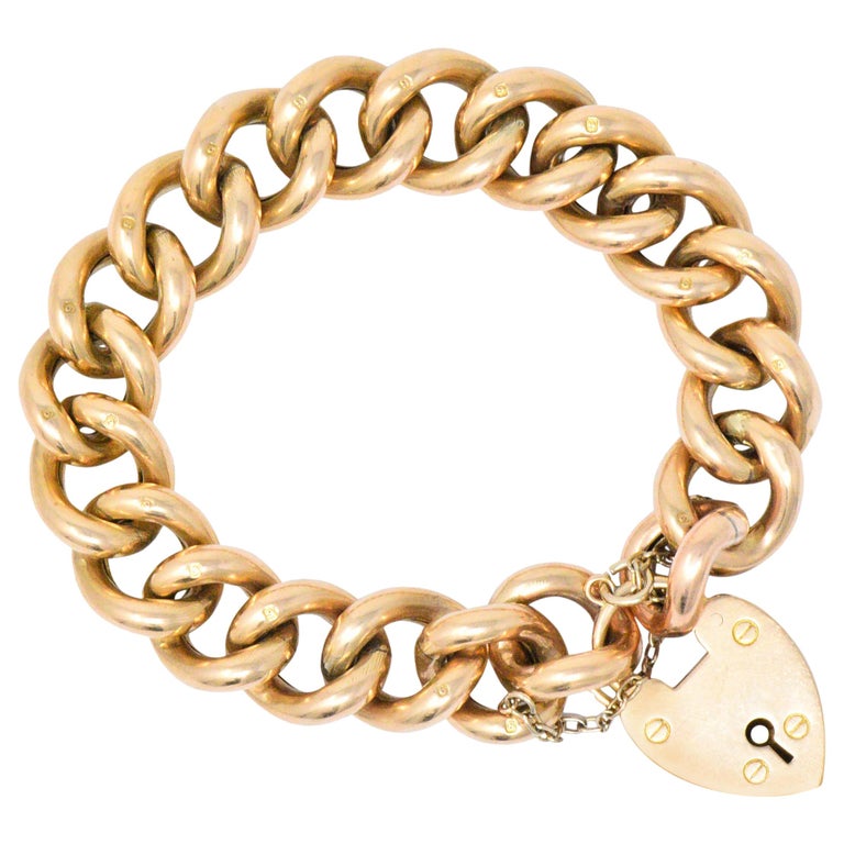 Victorian 9 Karat Rose Gold Heart Lock Bracelet Signed NB For Sale at ...