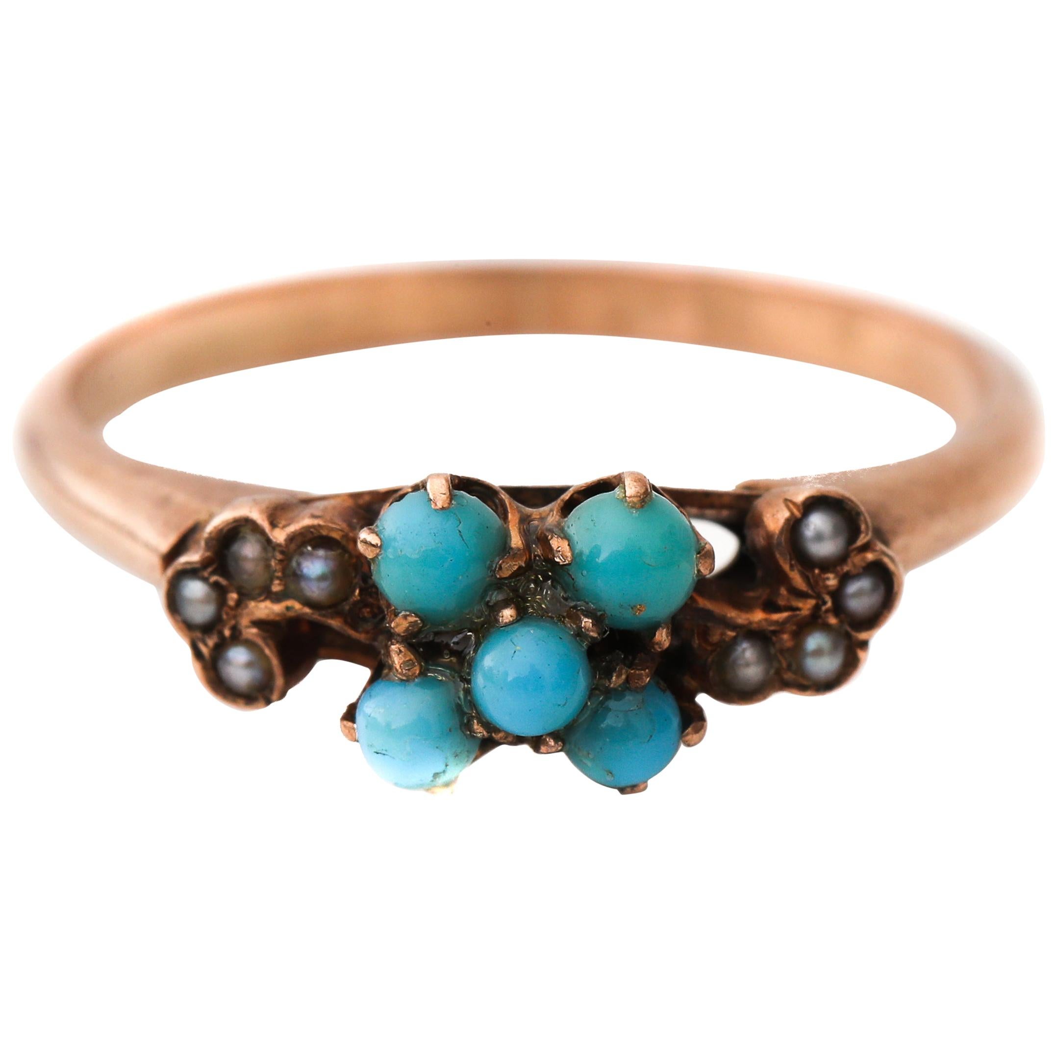 Victorian 9 Karat Turquoise and Seed Pearl Accent Rose Gold Ring