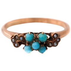 Victorian 9 Karat Turquoise and Seed Pearl Accent Rose Gold Ring