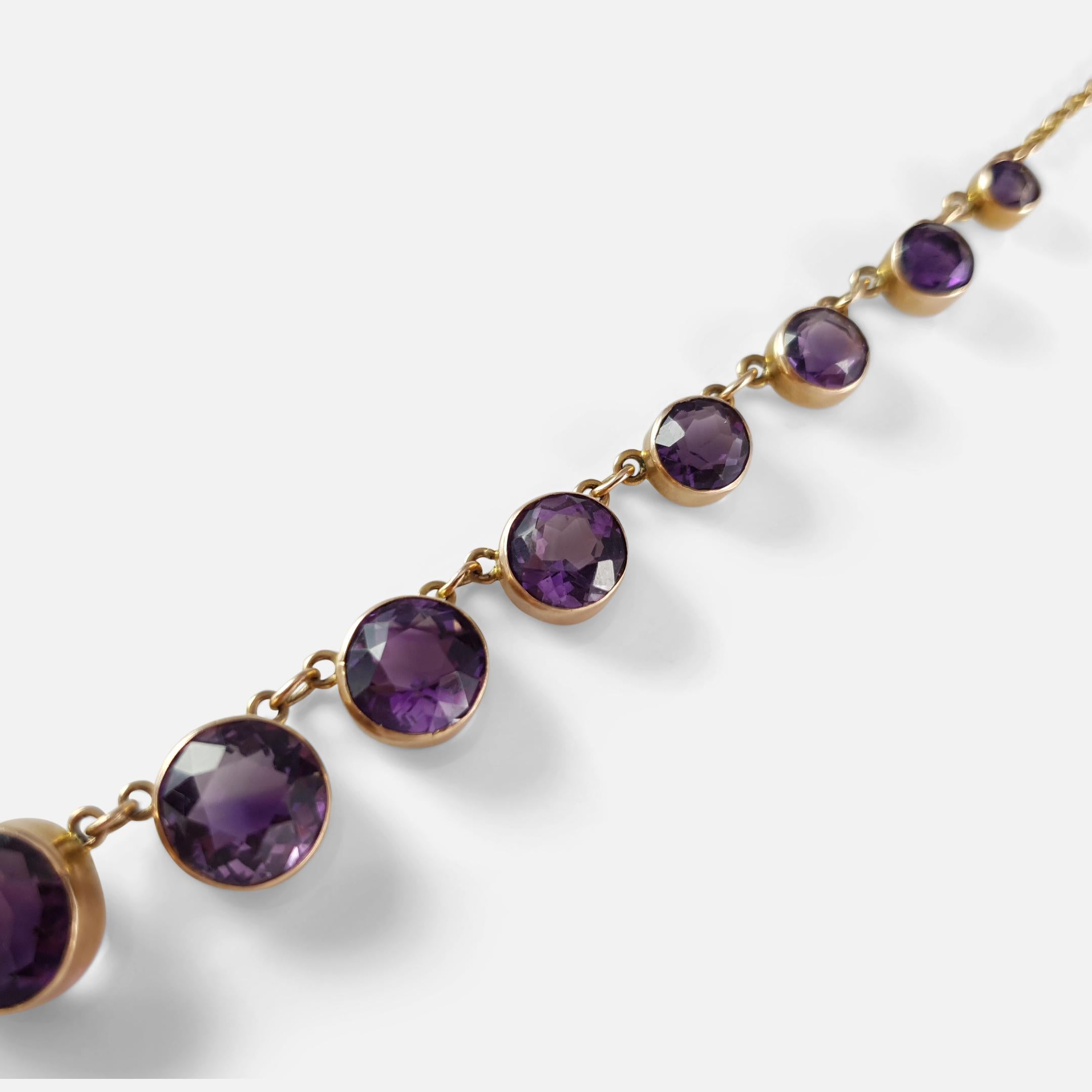 Victorian 9 Karat Yellow Gold 27.84 Carat Amethyst Riviere Necklace, circa 1890 1