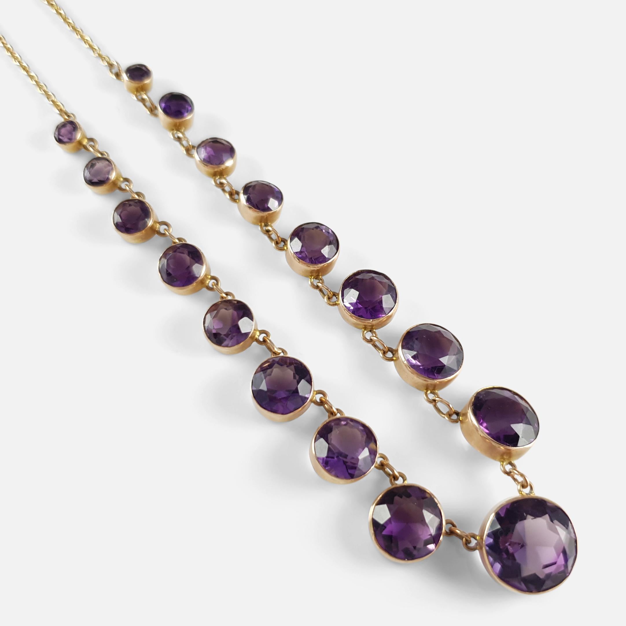 Victorian 9 Karat Yellow Gold 27.84 Carat Amethyst Riviere Necklace, circa 1890 2