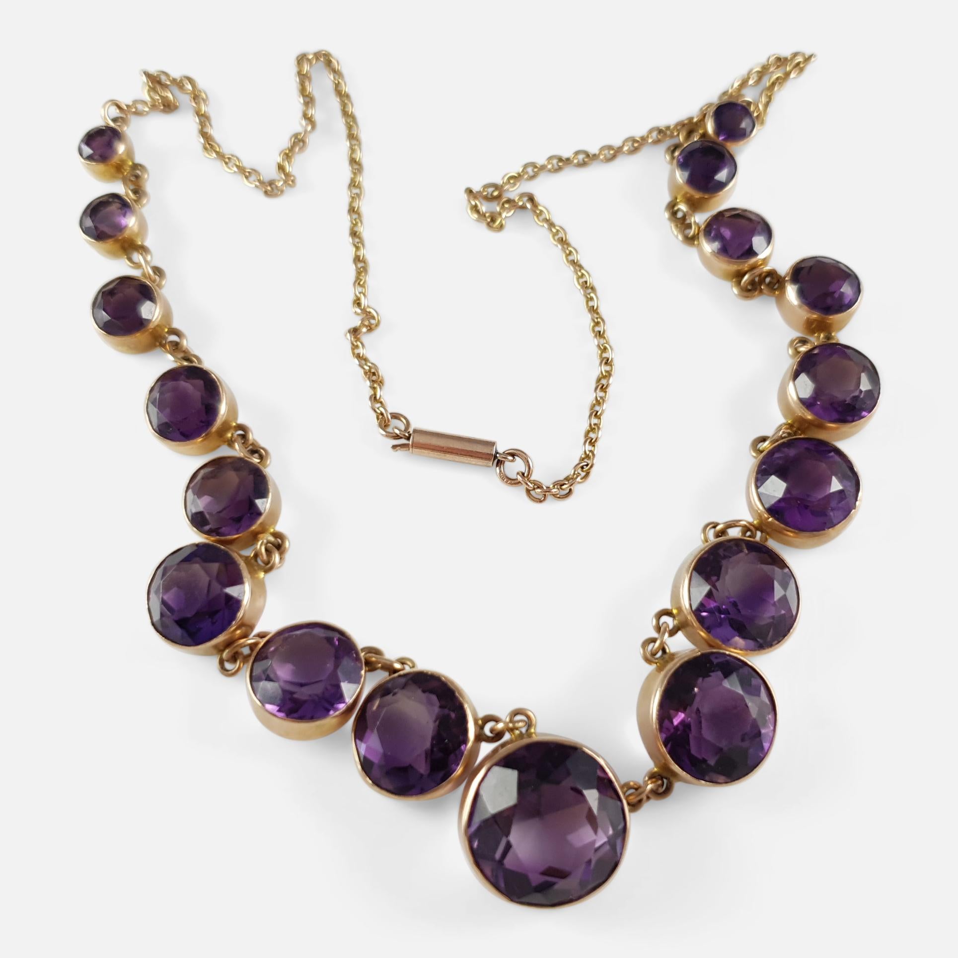 Victorian 9 Karat Yellow Gold 27.84 Carat Amethyst Riviere Necklace, circa 1890 5