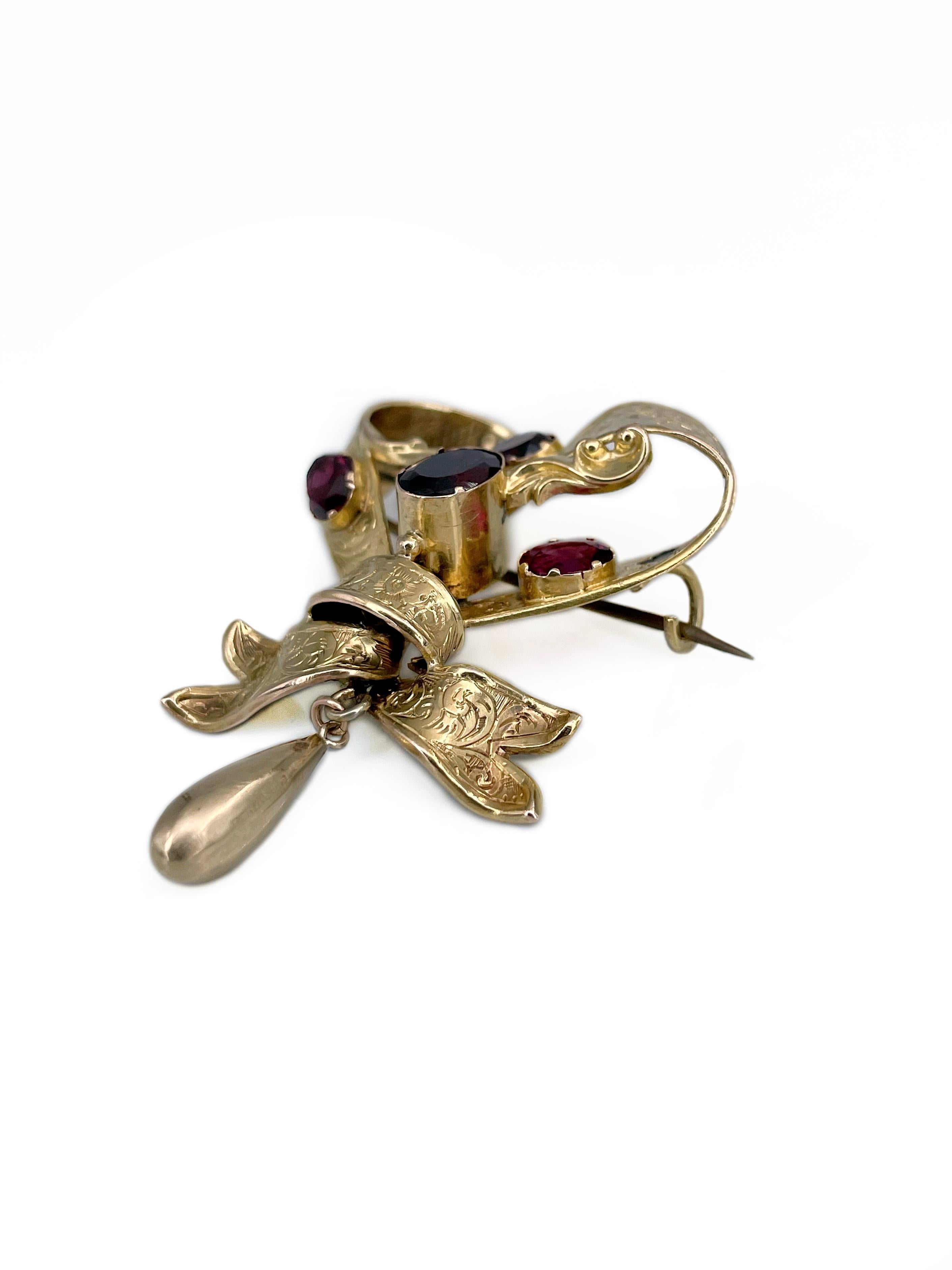 Victorian 9 Karat Yellow Gold Garnet Bow Pin Brooch In Good Condition For Sale In Vilnius, Vilniaus apskr.