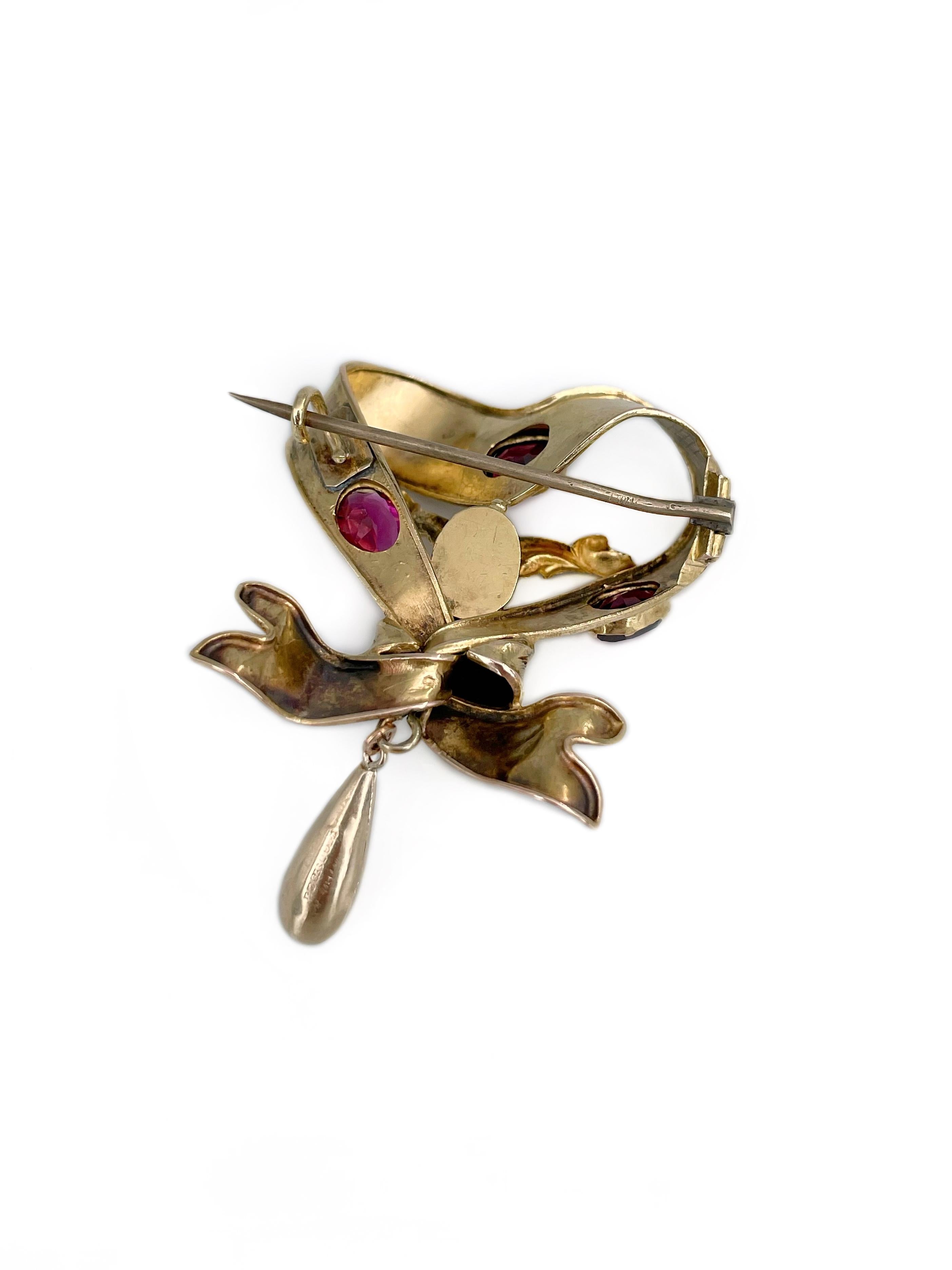 Women's Victorian 9 Karat Yellow Gold Garnet Bow Pin Brooch For Sale
