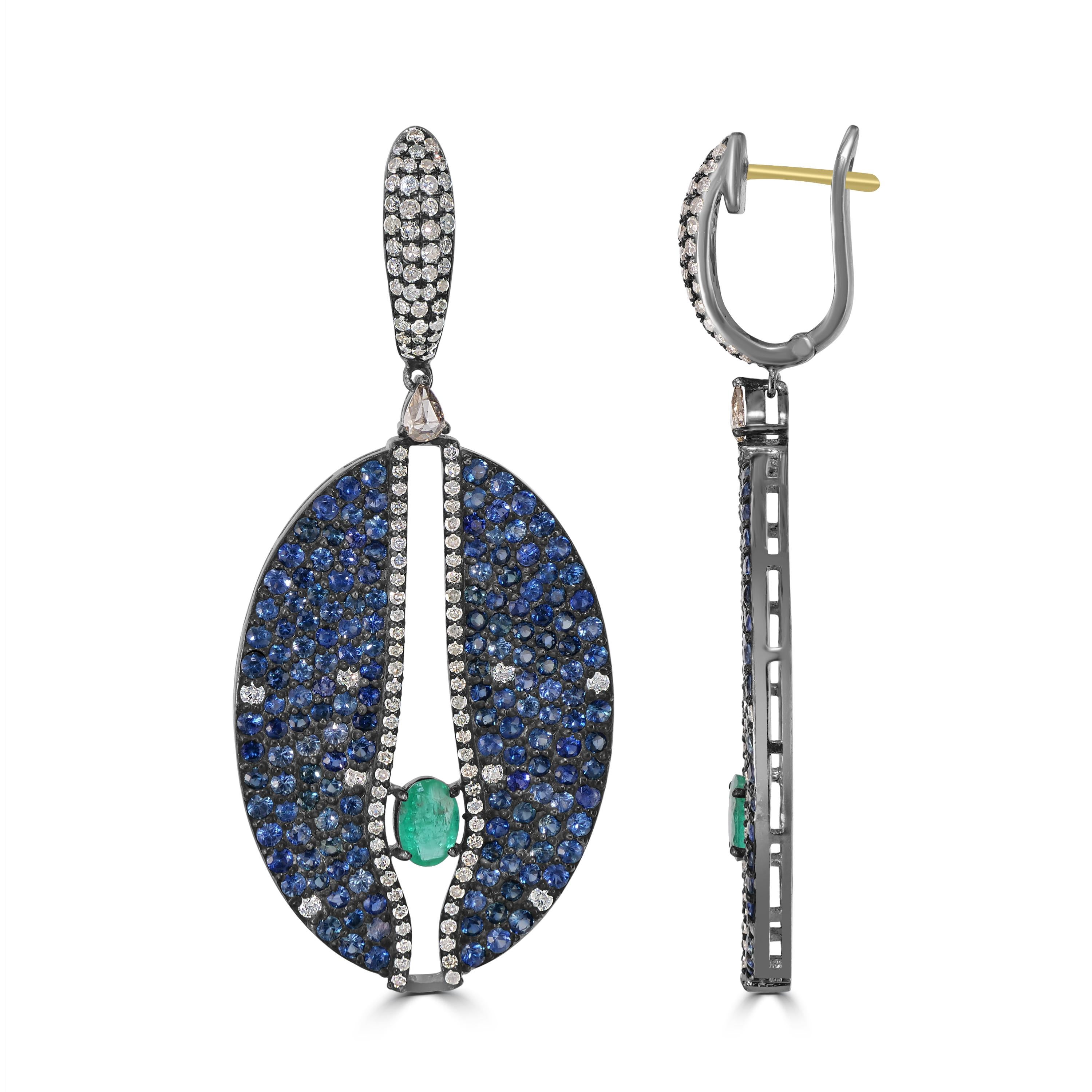 Oval Cut Victorian 9.2 Cttw. Emerald, Blue Sapphire and Diamond Dangle Earrings  For Sale