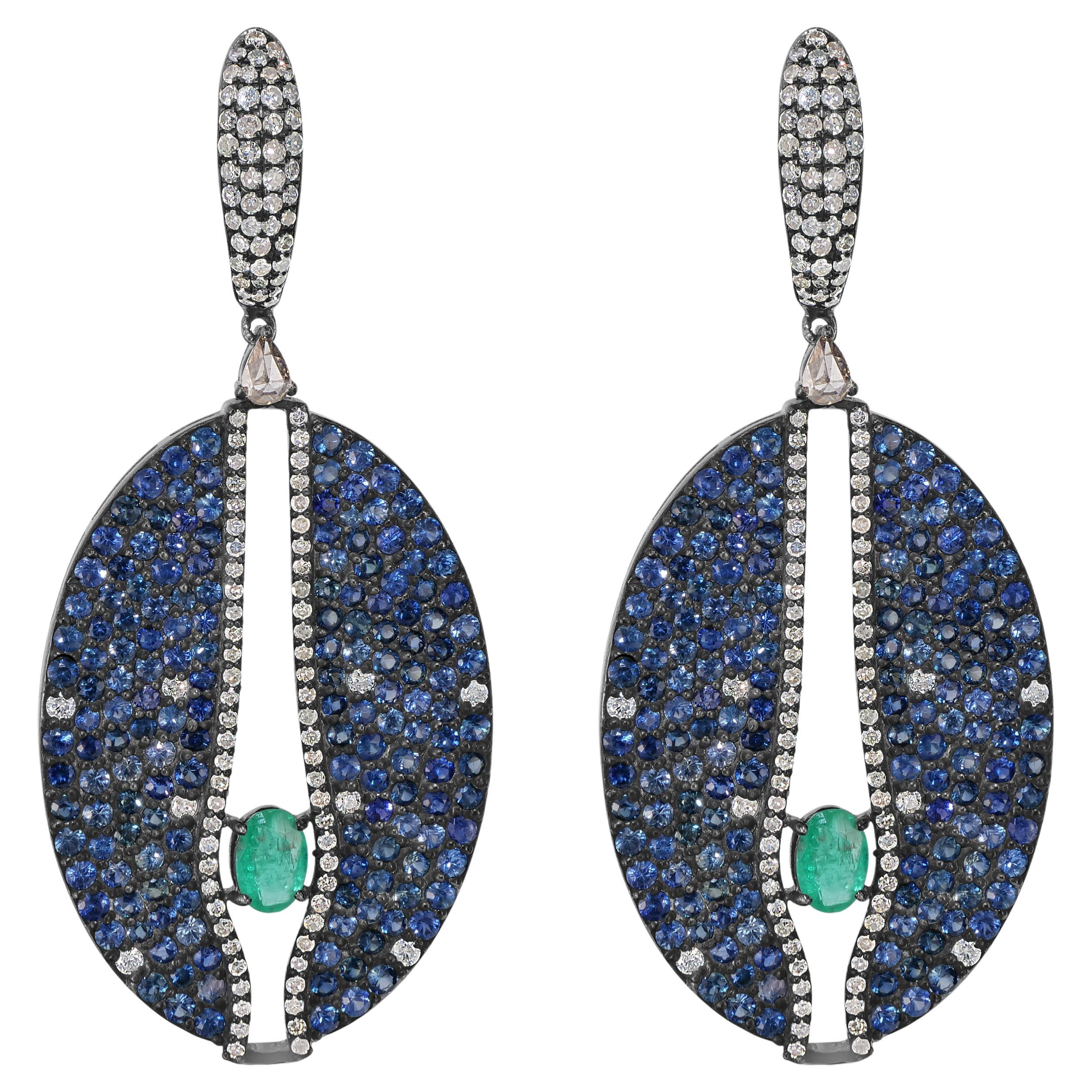 Victorian 9.2 Cttw. Emerald, Blue Sapphire and Diamond Dangle Earrings  For Sale