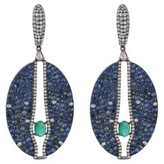 Victorian 9.2 Cttw. Emerald, Blue Sapphire and Diamond Dangle Earrings 