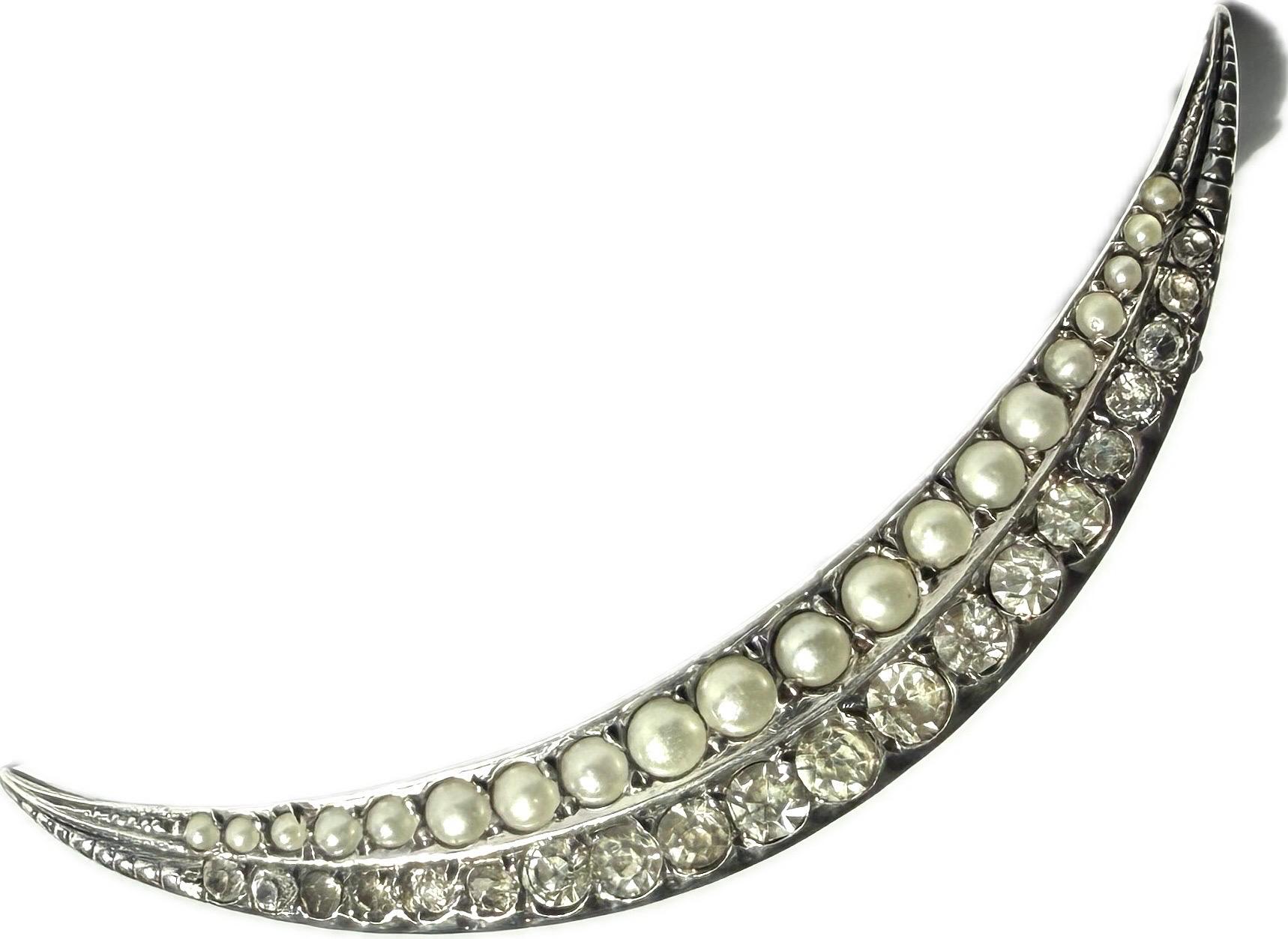 Viktorianische Brosche aus 925er Sterlingsilber mit Halbmond, besetzt mit Perlen, 1990er Jahre im Angebot 5