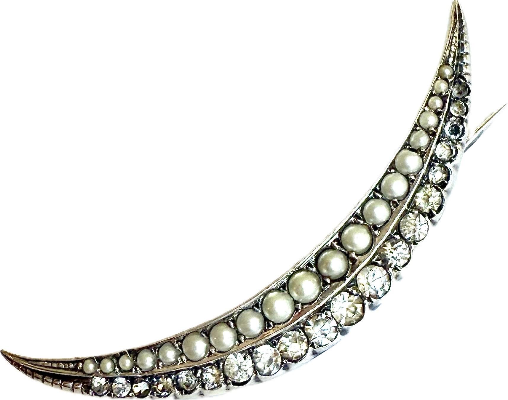 Viktorianische Brosche aus 925er Sterlingsilber mit Halbmond, besetzt mit Perlen, 1990er Jahre im Angebot 7