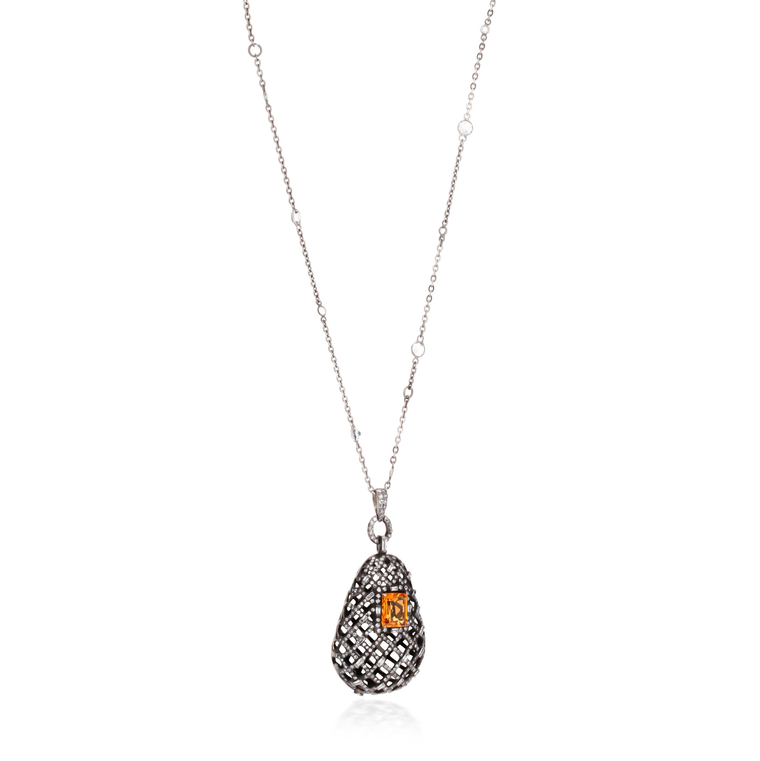 Octagon Cut Victorian 9.36 Cttw Natural Citrine and Diamond Necklace In 18K/SS For Sale