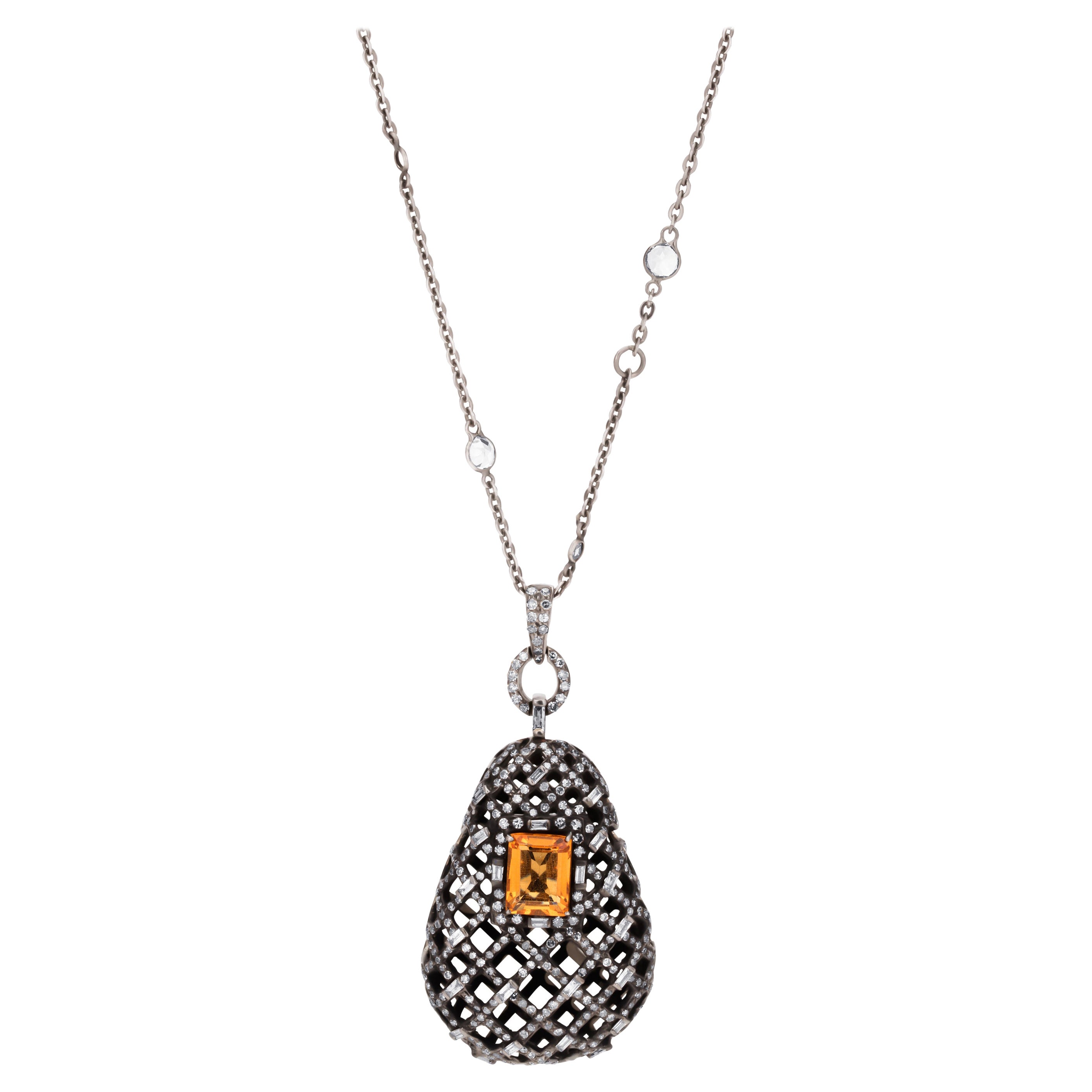 Victorian 9.36 Carat T.W Citrine and Diamond Pendant Necklace For Sale