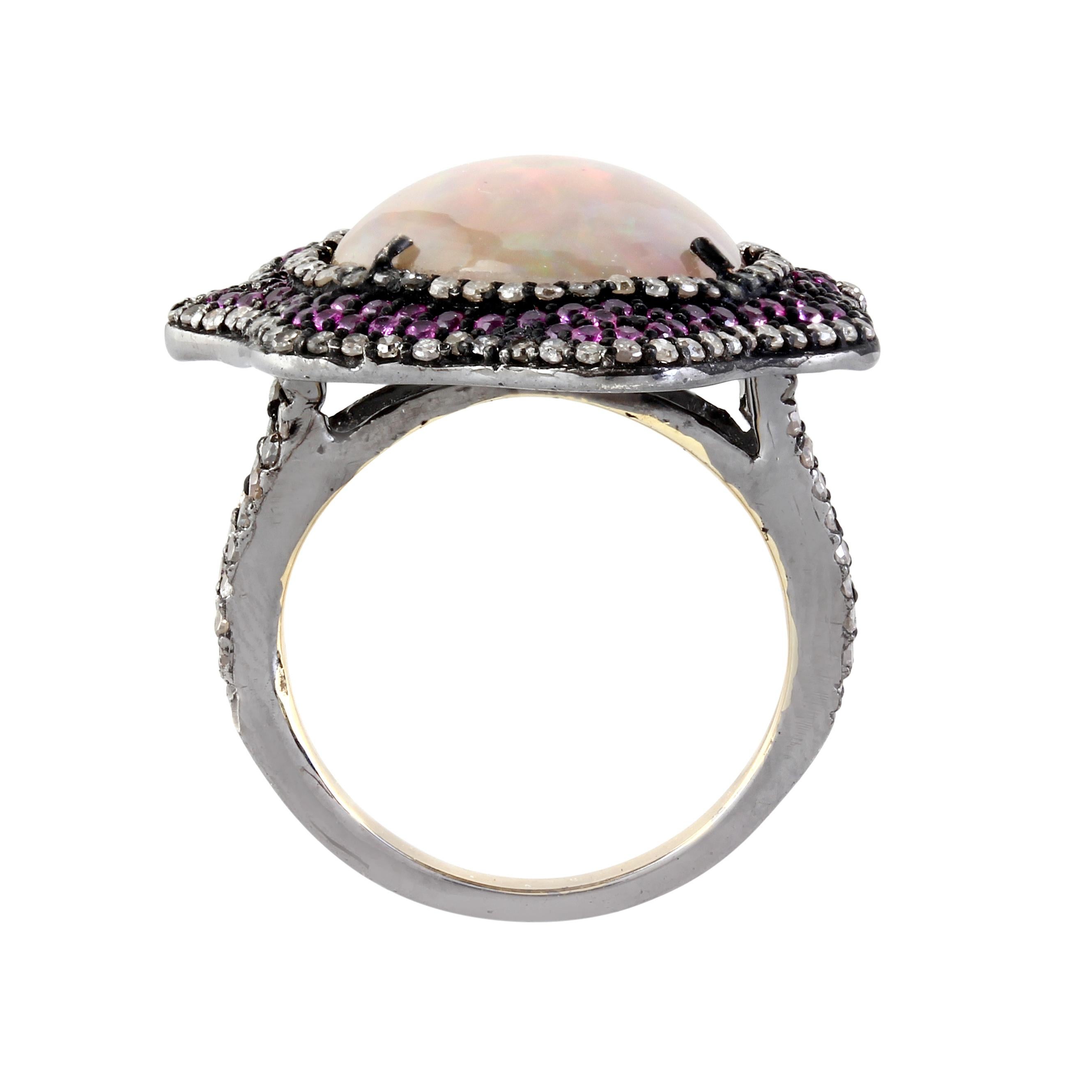 Oval Cut Victorian 9.4cttw. Opal, Ruby and Diamond Split Shank Ring in 18k / 925 Silver For Sale