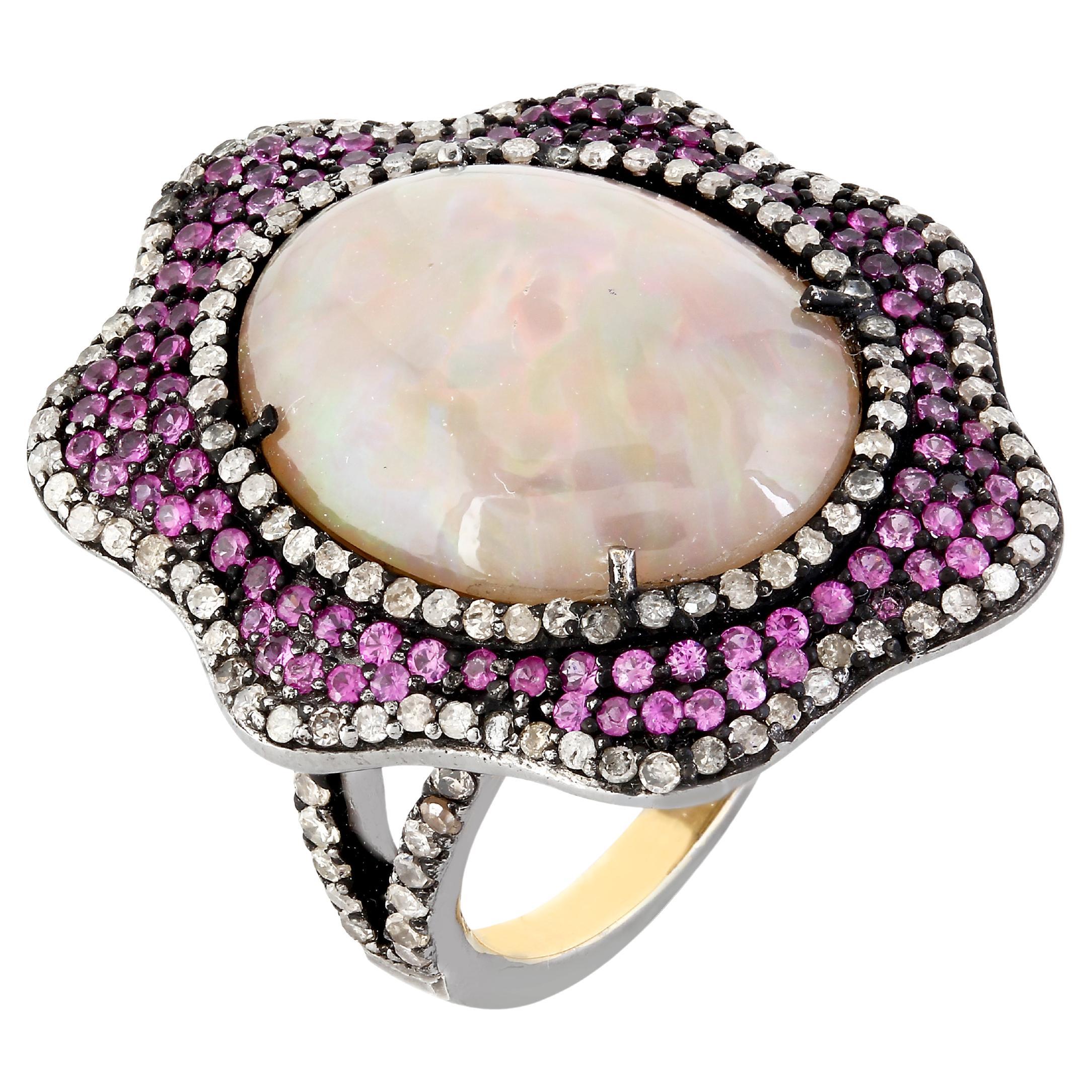 Victorian 9.4cttw. Opal, Ruby and Diamond Split Shank Ring in 18k / 925 Silver For Sale