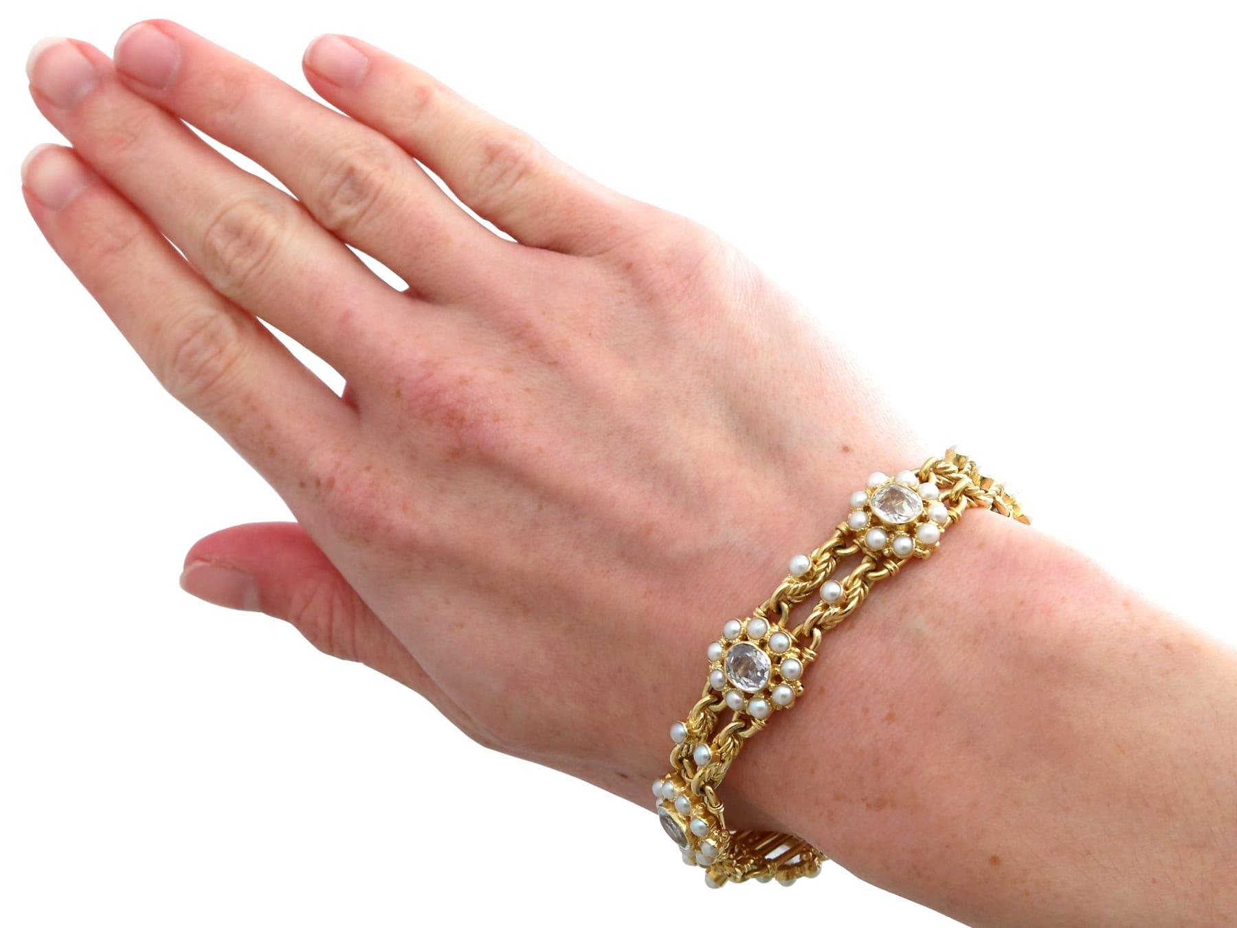 Victorian 9.50 Carat Rock Crystal and Natural Pearl 18K Yellow Gold Bracelet For Sale 6
