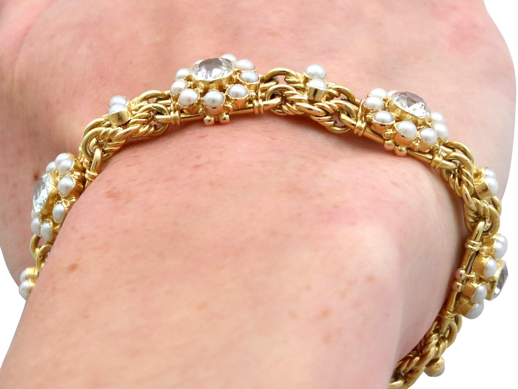 Victorian 9.50 Carat Rock Crystal and Natural Pearl 18K Yellow Gold Bracelet For Sale 8