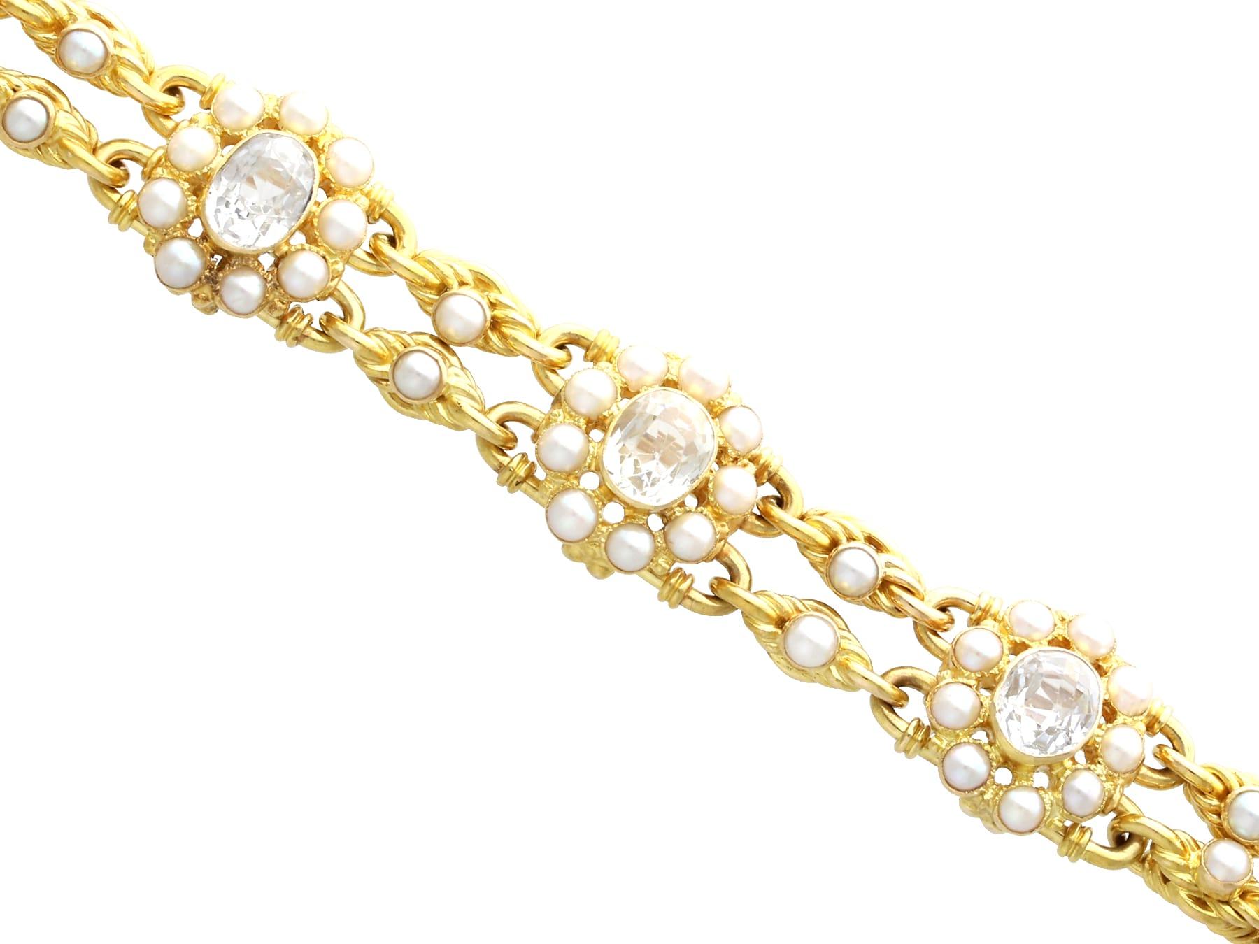 Oval Cut Victorian 9.50 Carat Rock Crystal and Natural Pearl 18K Yellow Gold Bracelet For Sale