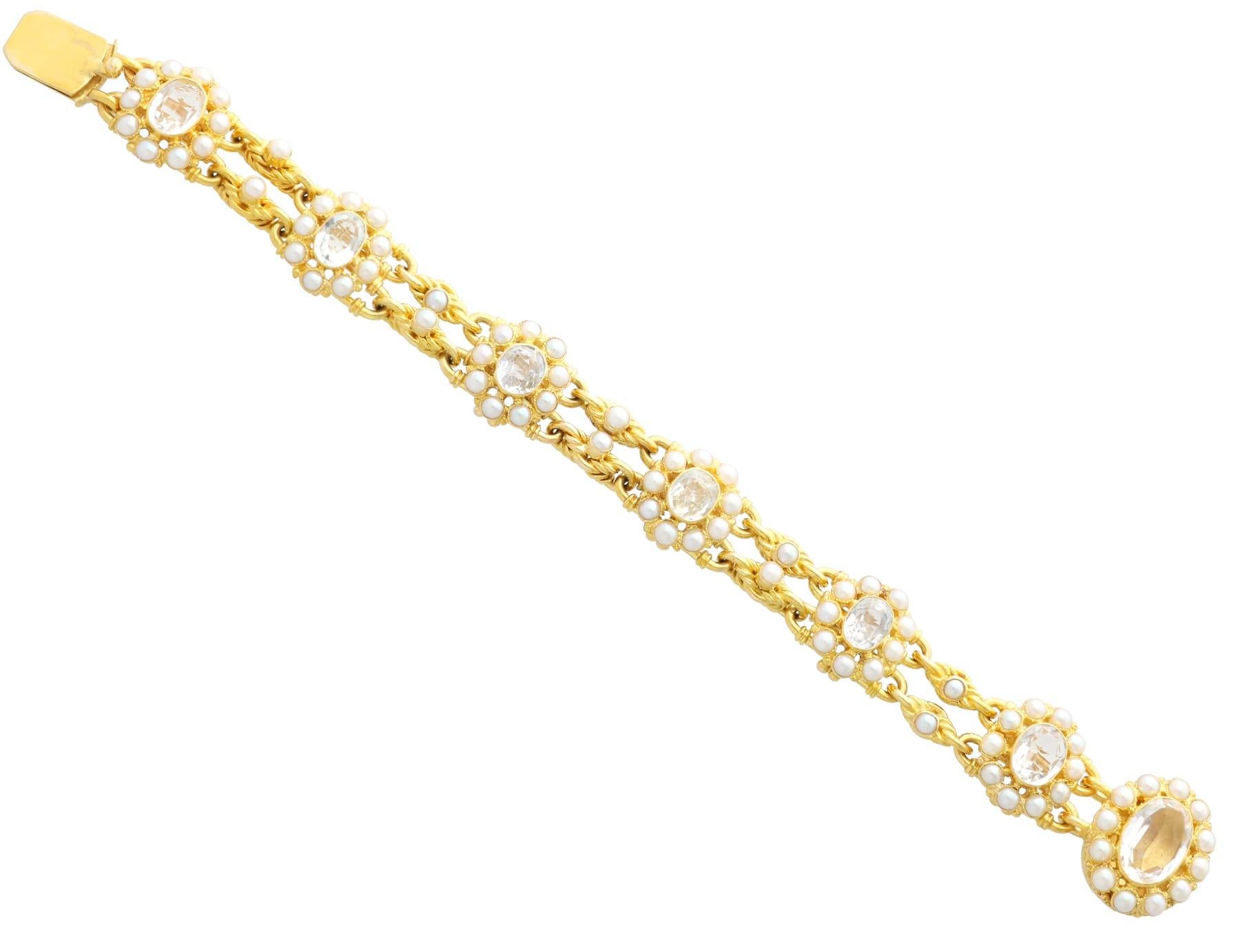 Victorian 9.50 Carat Rock Crystal and Natural Pearl 18K Yellow Gold Bracelet For Sale 4