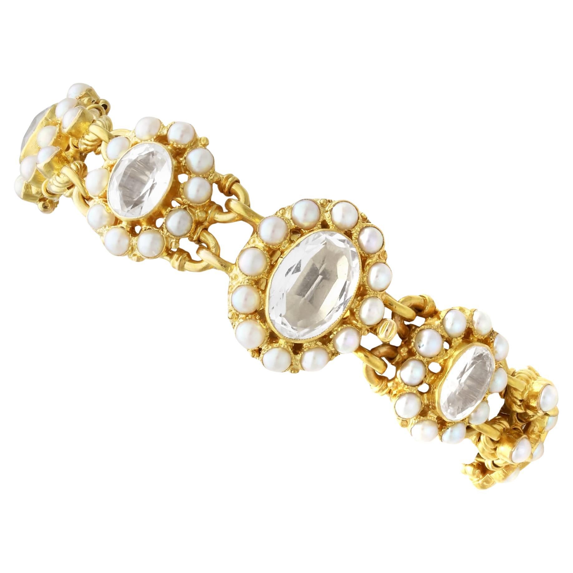Victorian 9.50 Carat Rock Crystal and Natural Pearl 18K Yellow Gold Bracelet For Sale