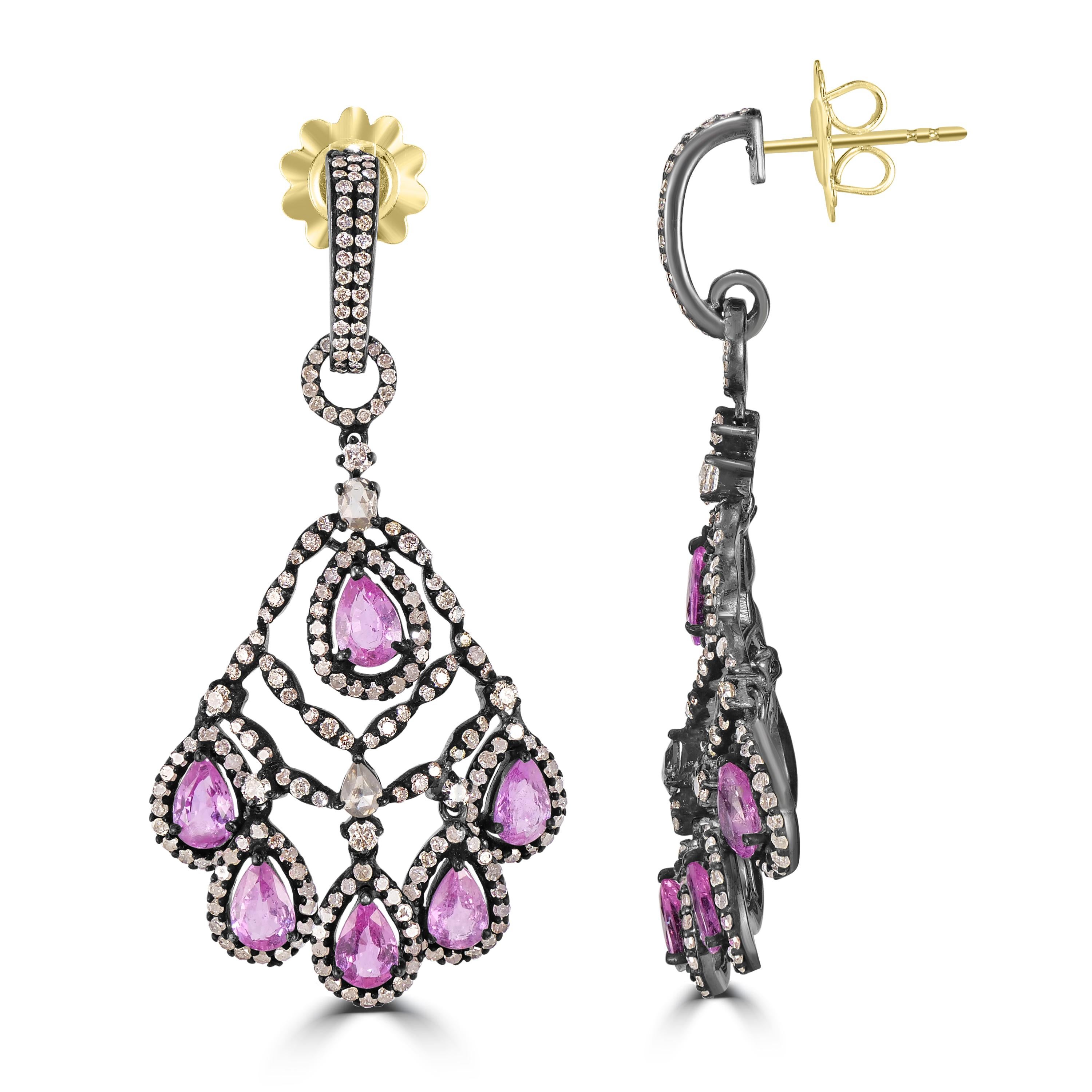 Pear Cut Victorian .9.52 Cttw. Pink Sapphire and Diamond Dangle Earrings For Sale