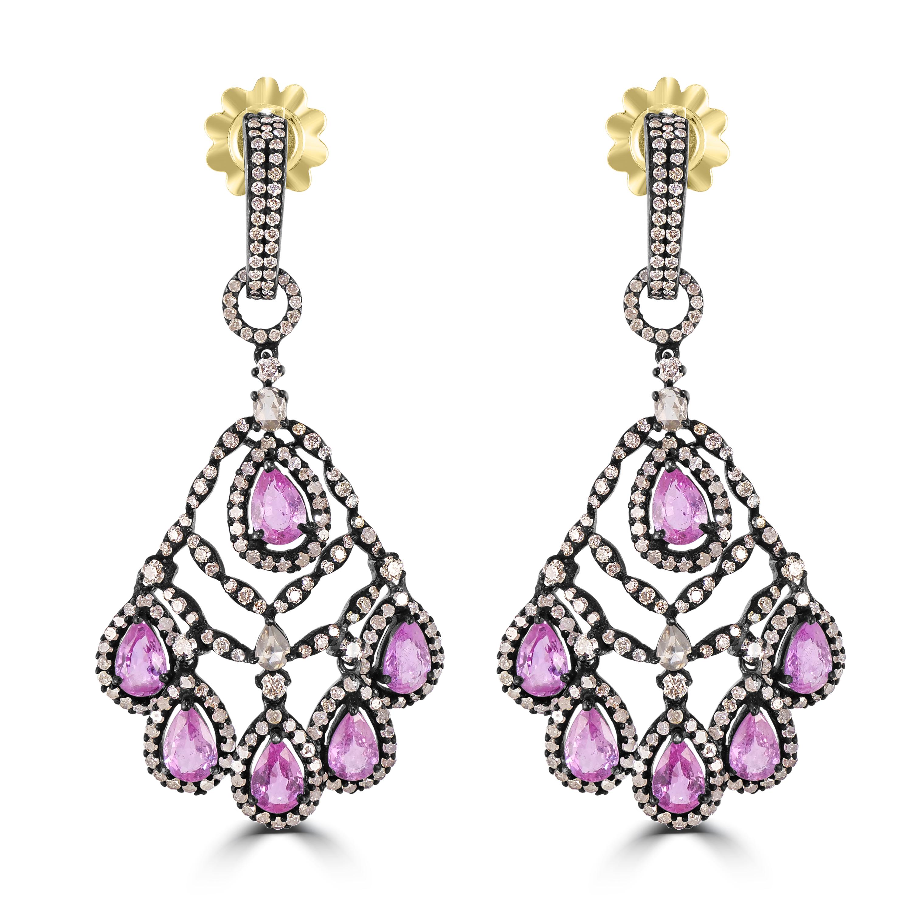 Victorian .9.52 Cttw. Pink Sapphire and Diamond Dangle Earrings In New Condition For Sale In New York, NY