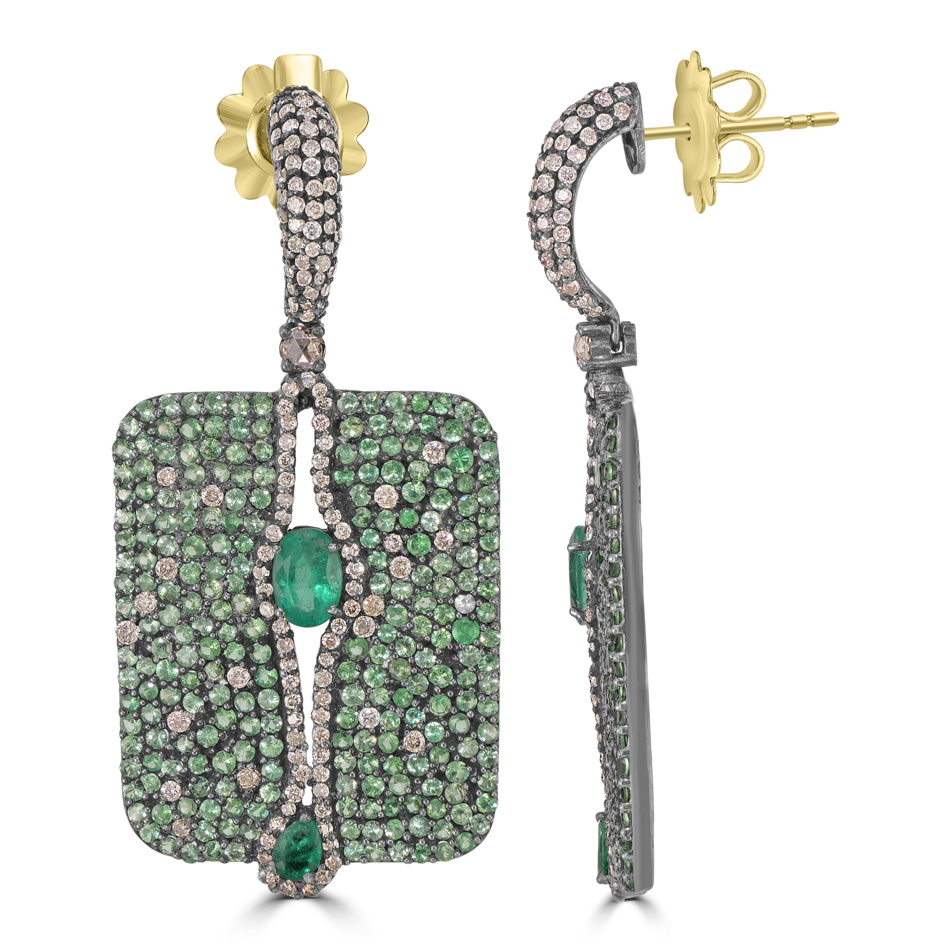 Oval Cut Victorian 9.55 Cttw. Tsavorite, Diamond and Emerald Stud Earrings  For Sale