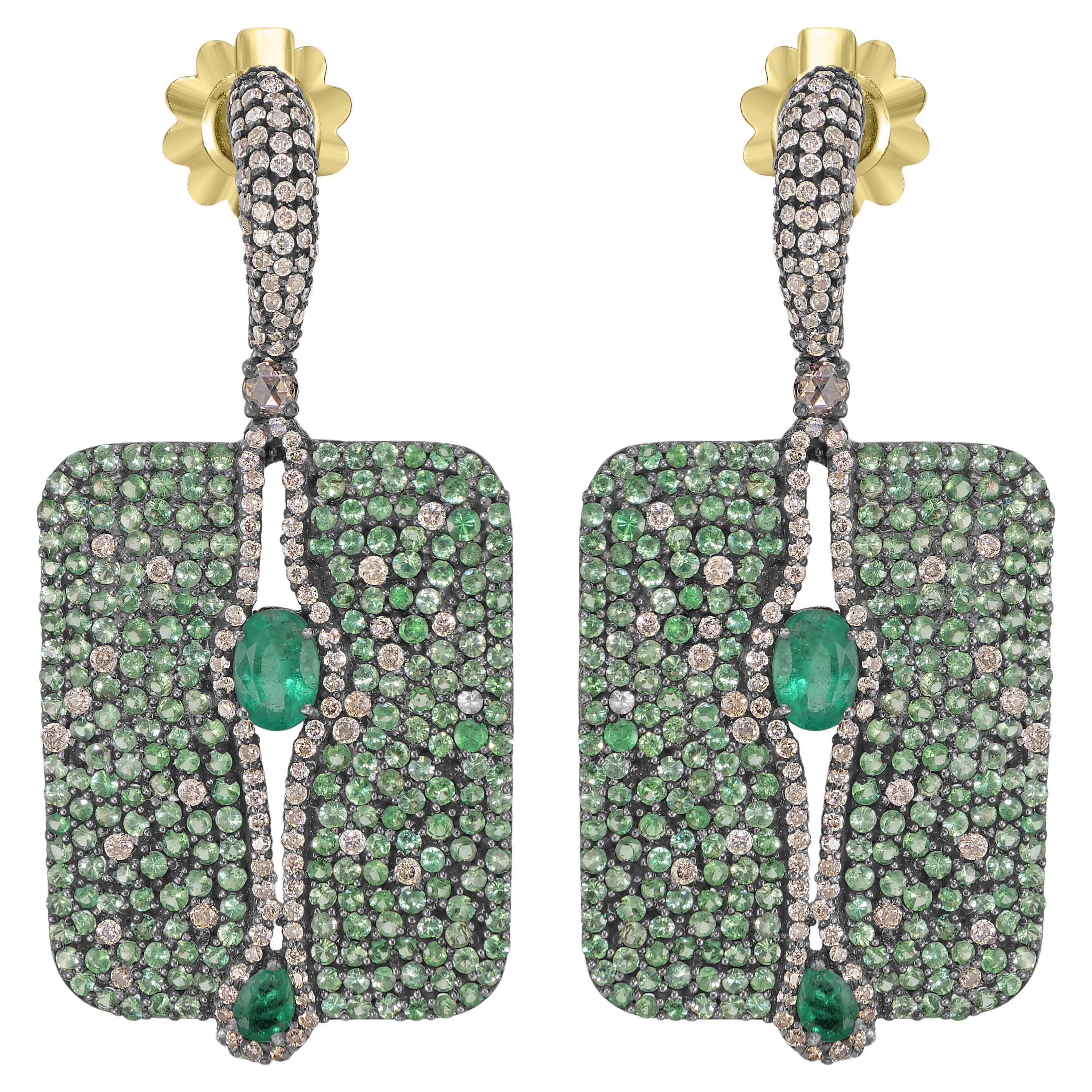 Victorian 9.55 Cttw. Tsavorite, Diamond and Emerald Stud Earrings  For Sale
