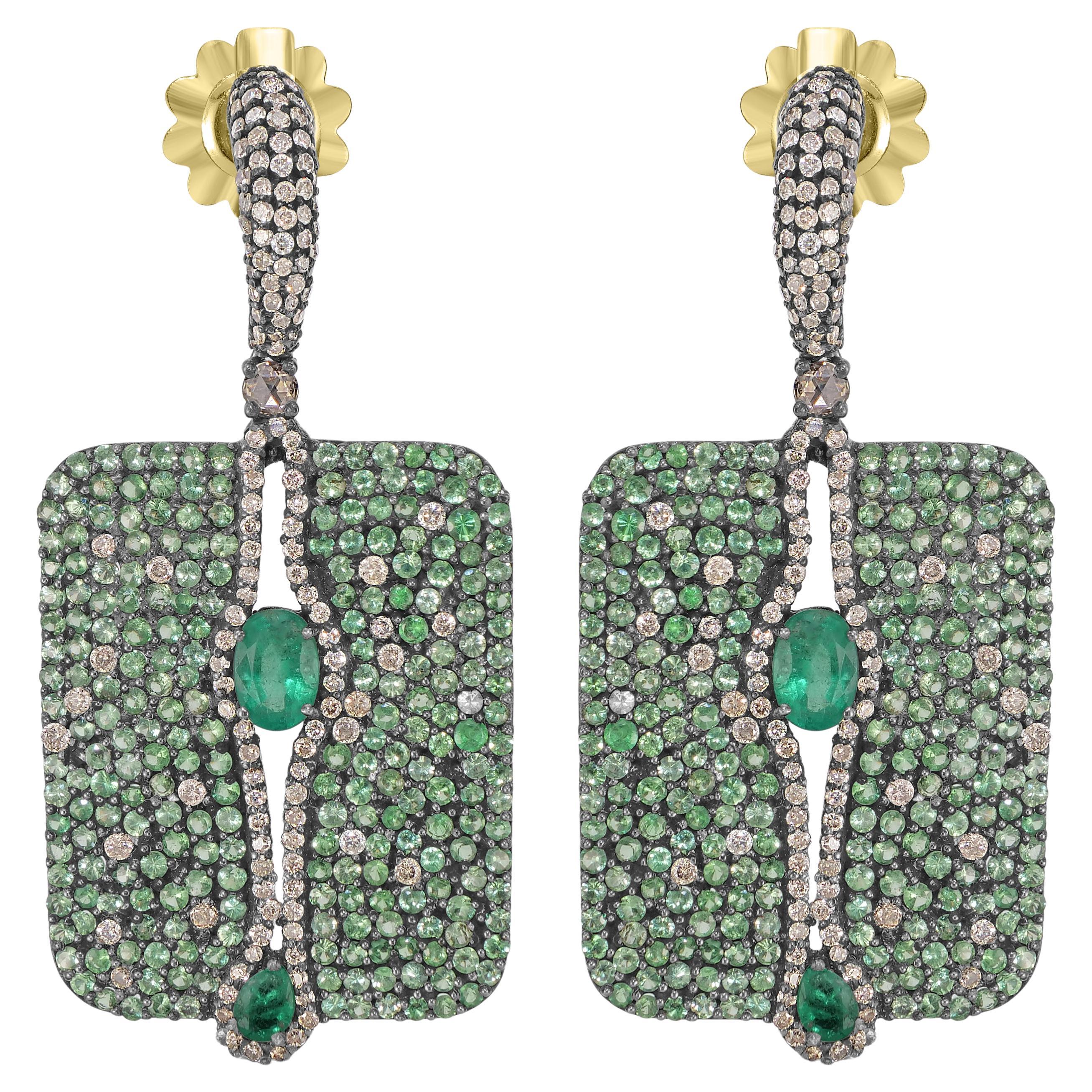 Victorian 9.55 Cttw. Tsavorite, Diamond and Emerald Stud Earrings