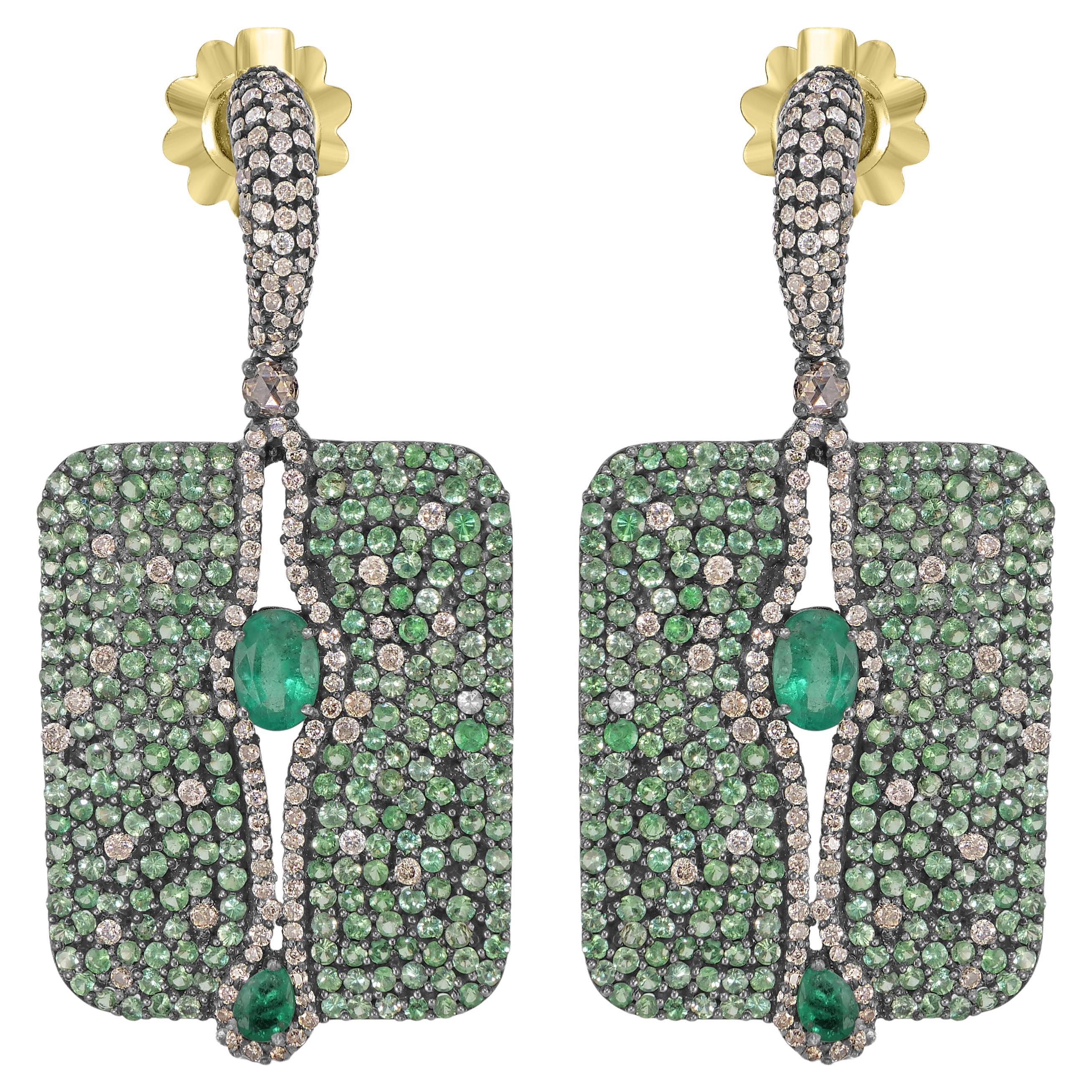 Victorian 9.55 Cttw. Tsavorite, Diamond and Emerald Stud Earrings 