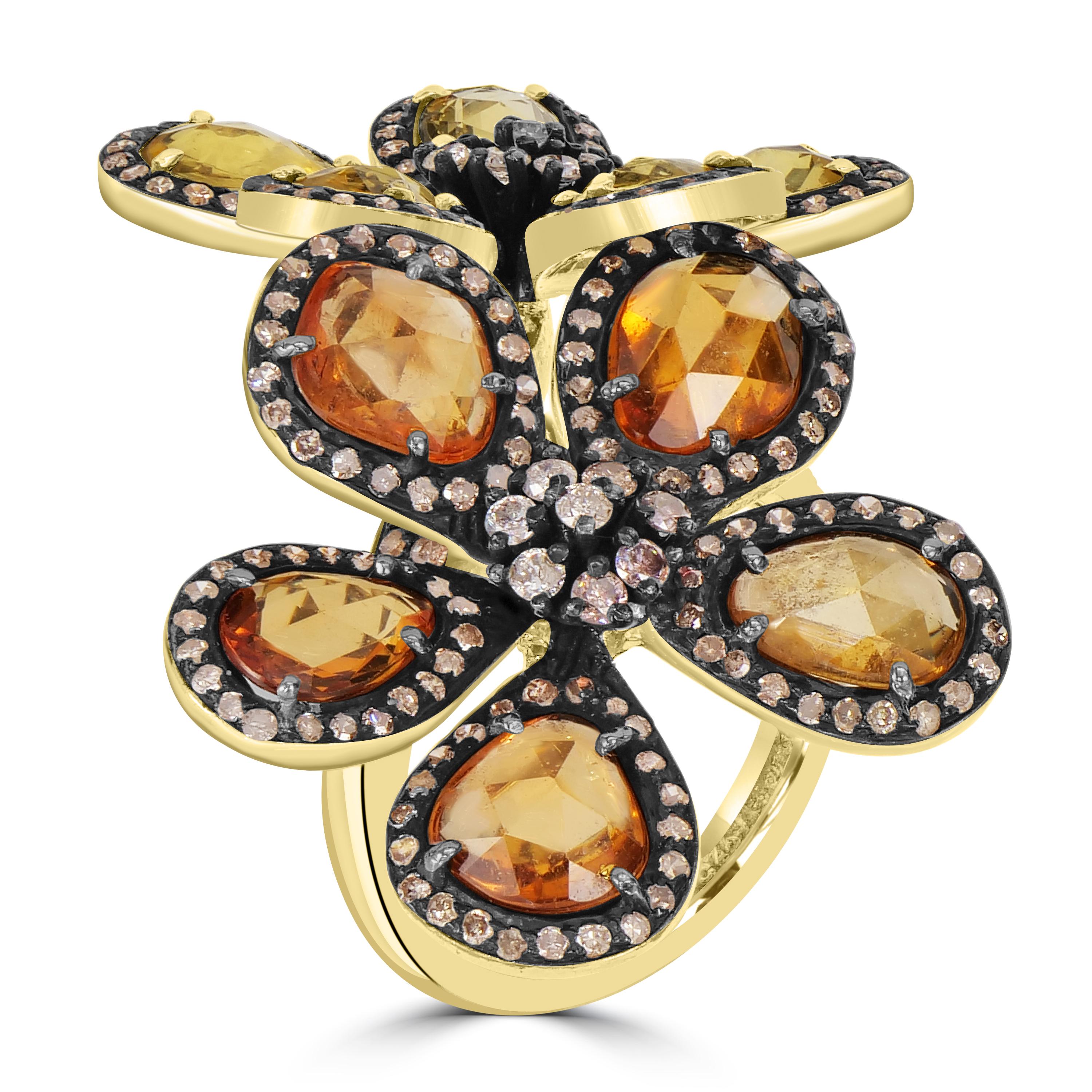 Immerse yourself in the enchanting allure of the Victorian 9.67 Cttw. Yellow Sapphire and Diamond Twin Blossom Cocktail Ring — a testament to exquisite craftsmanship and timeless elegance. This captivating ring features twin blossoms of radiant