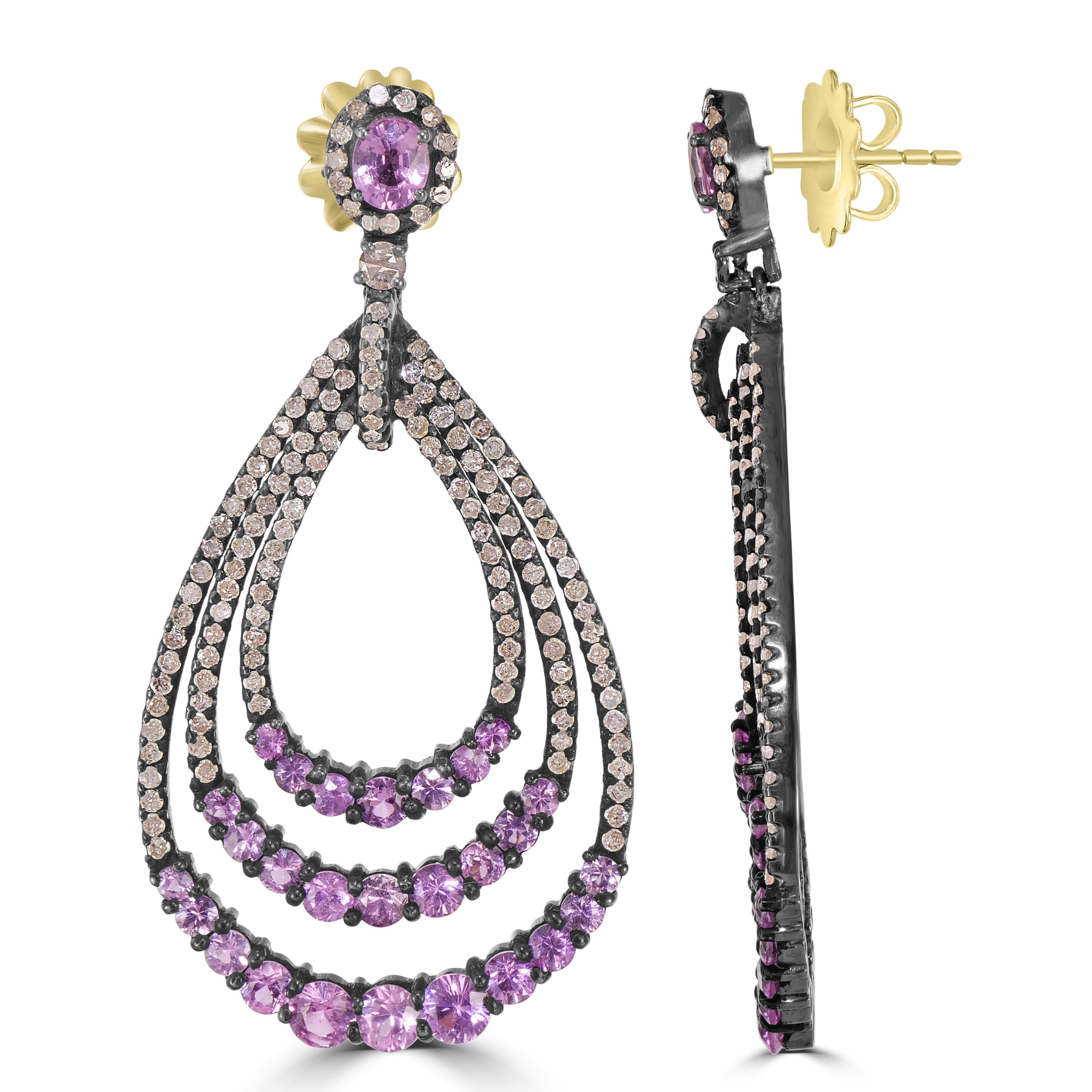 Round Cut Victorian 9.83 Cttw. Pink Sapphire and Diamond Teardrop Earrings  For Sale