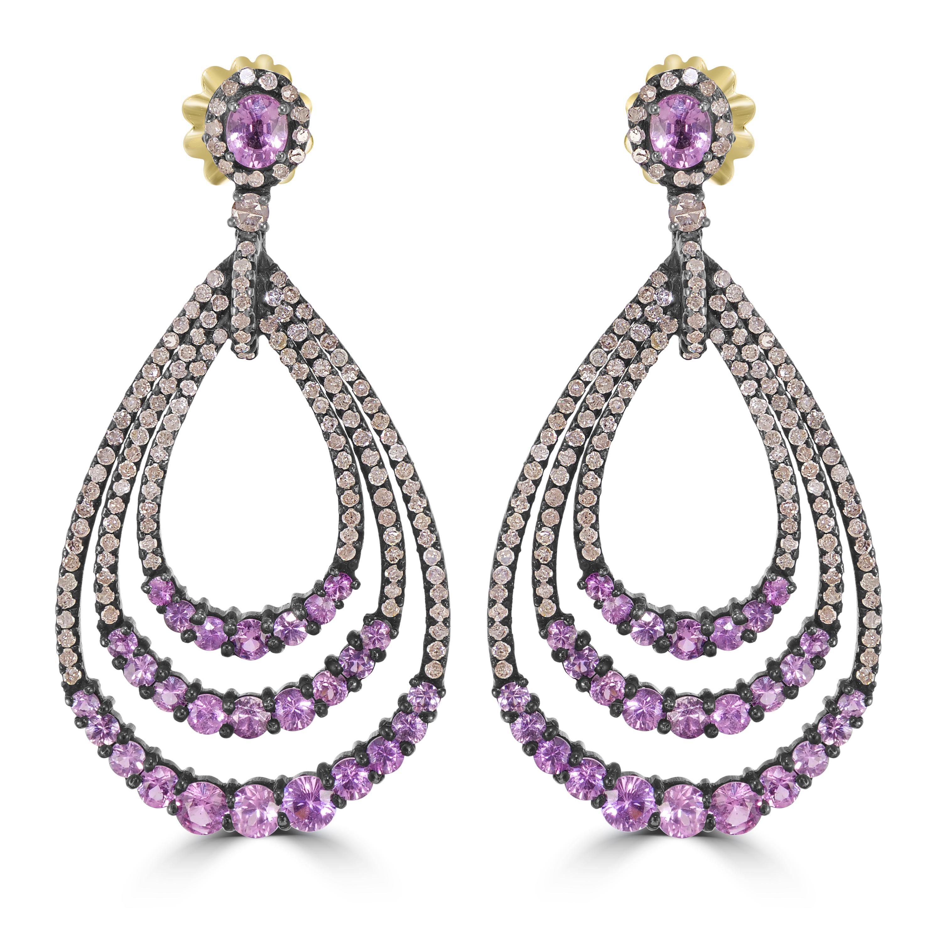 Viktorianisch 9.83 Cttw. Teardrop-Ohrringe mit rosa Saphiren und Diamanten  im Zustand „Neu“ im Angebot in New York, NY
