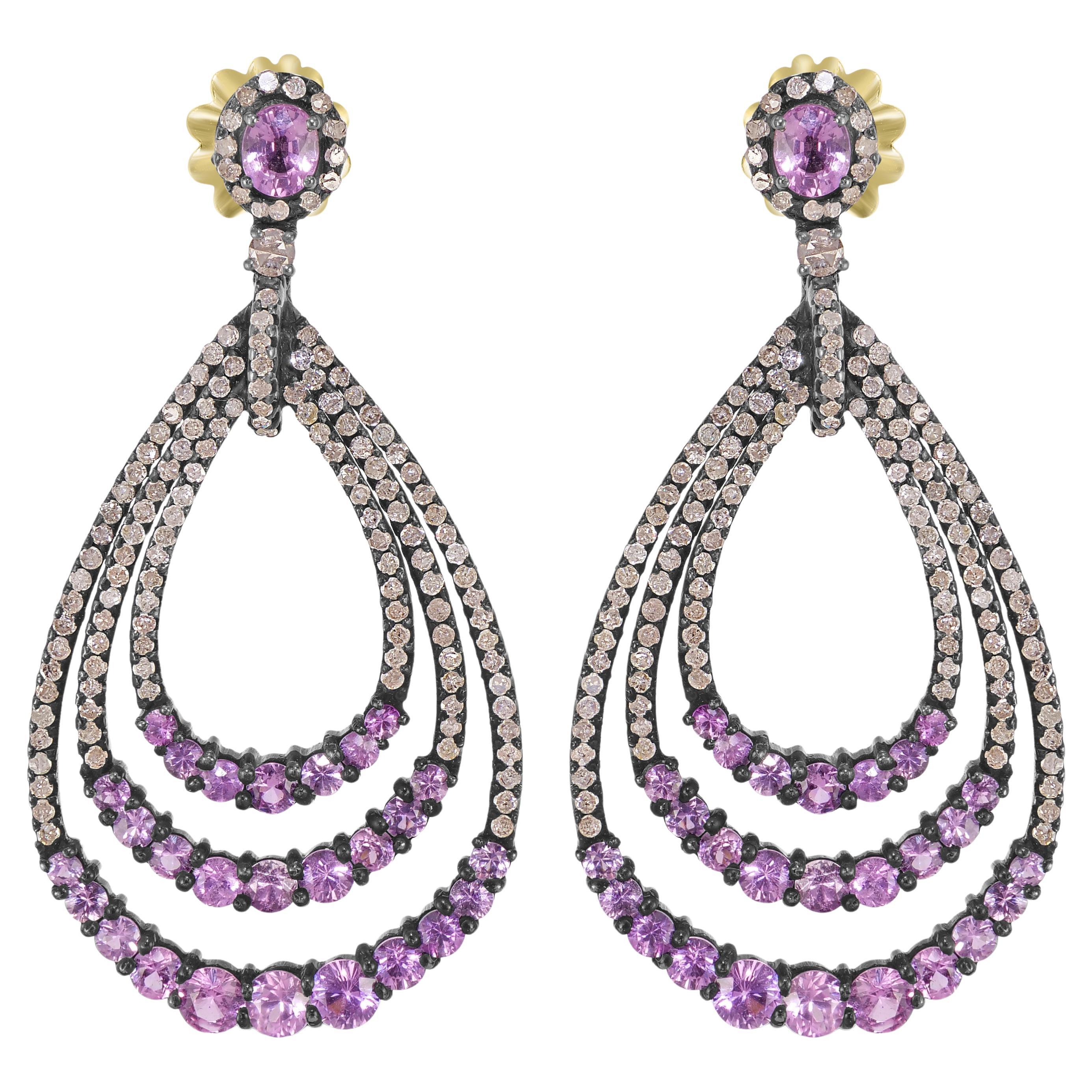 Viktorianisch 9.83 Cttw. Teardrop-Ohrringe mit rosa Saphiren und Diamanten  im Angebot