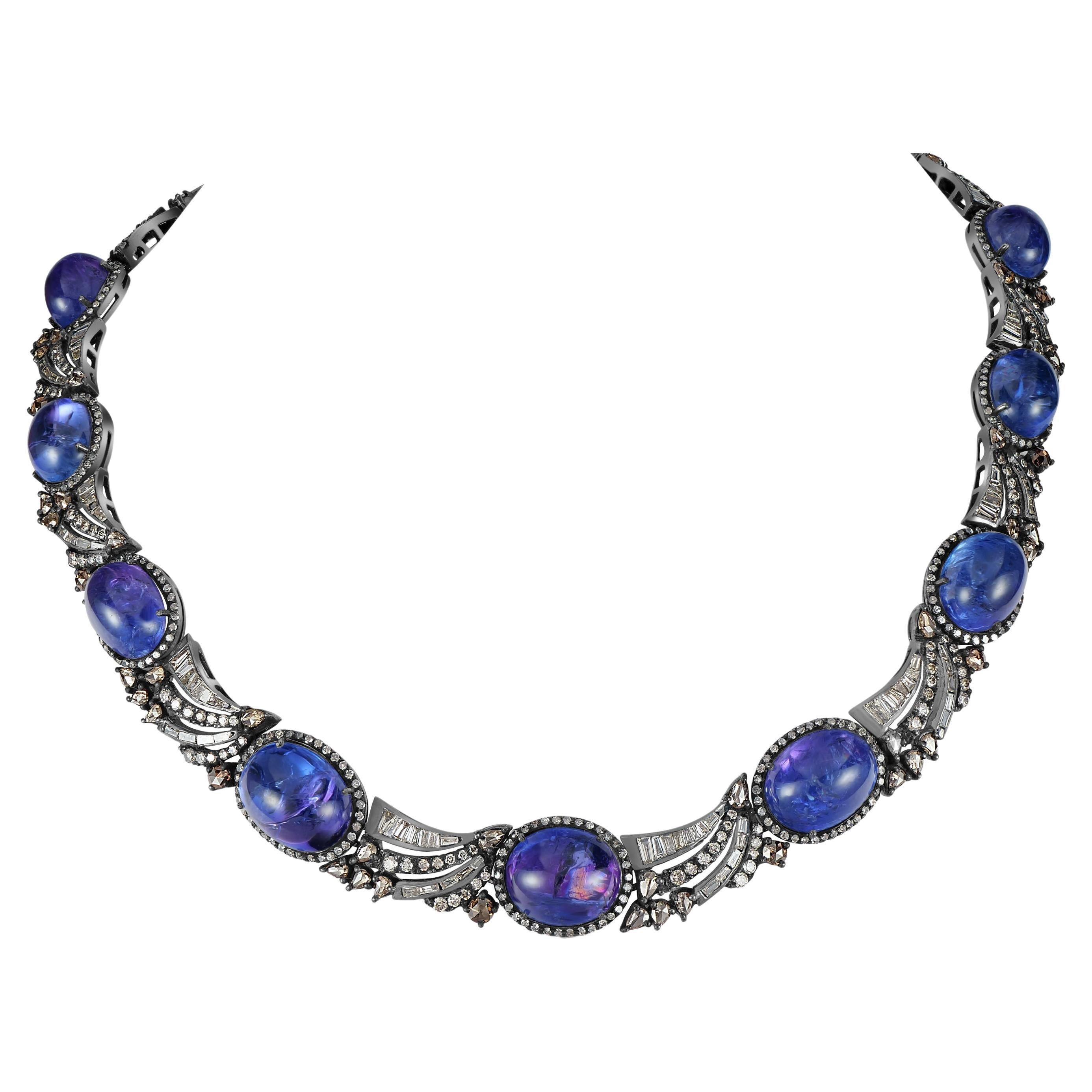 Victorian 98.75 ct. pt. Collier ras du cou en tanzanite et diamants 