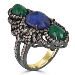 Victorian 10.00 Cttw. Tanzanite, Emerald/Diamond Ring Size 7 In 18K/SS