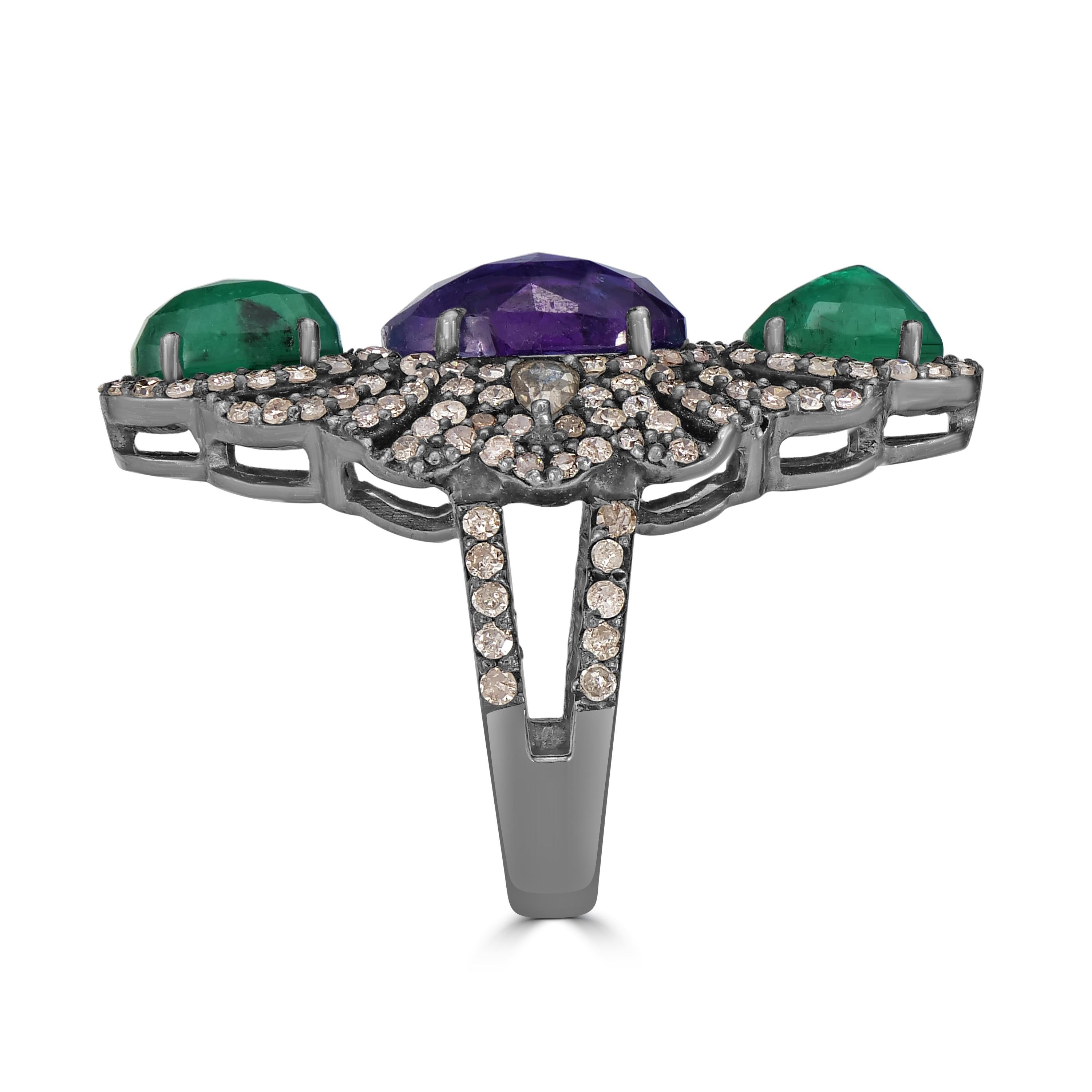 Oval Cut Victorian 9.91 Cttw. Tanzanite, Emerald and Diamond Split Shank Floral Ring For Sale