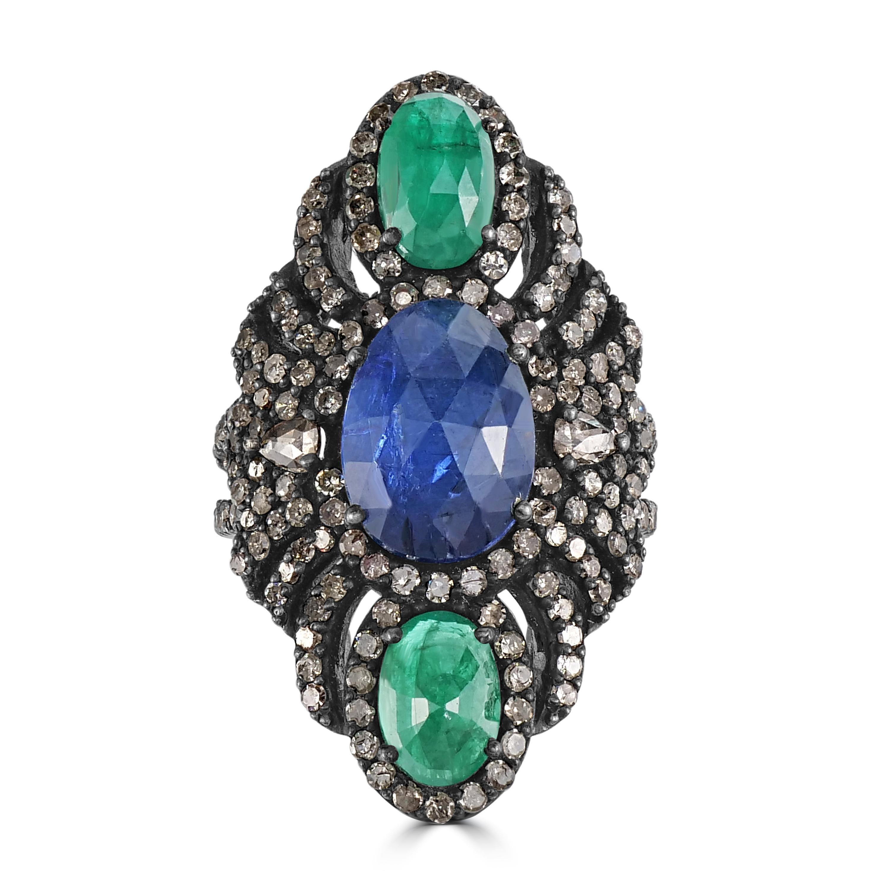 Victorian 9.91 Cttw. Tanzanite, Emerald and Diamond Split Shank Floral Ring In New Condition For Sale In New York, NY