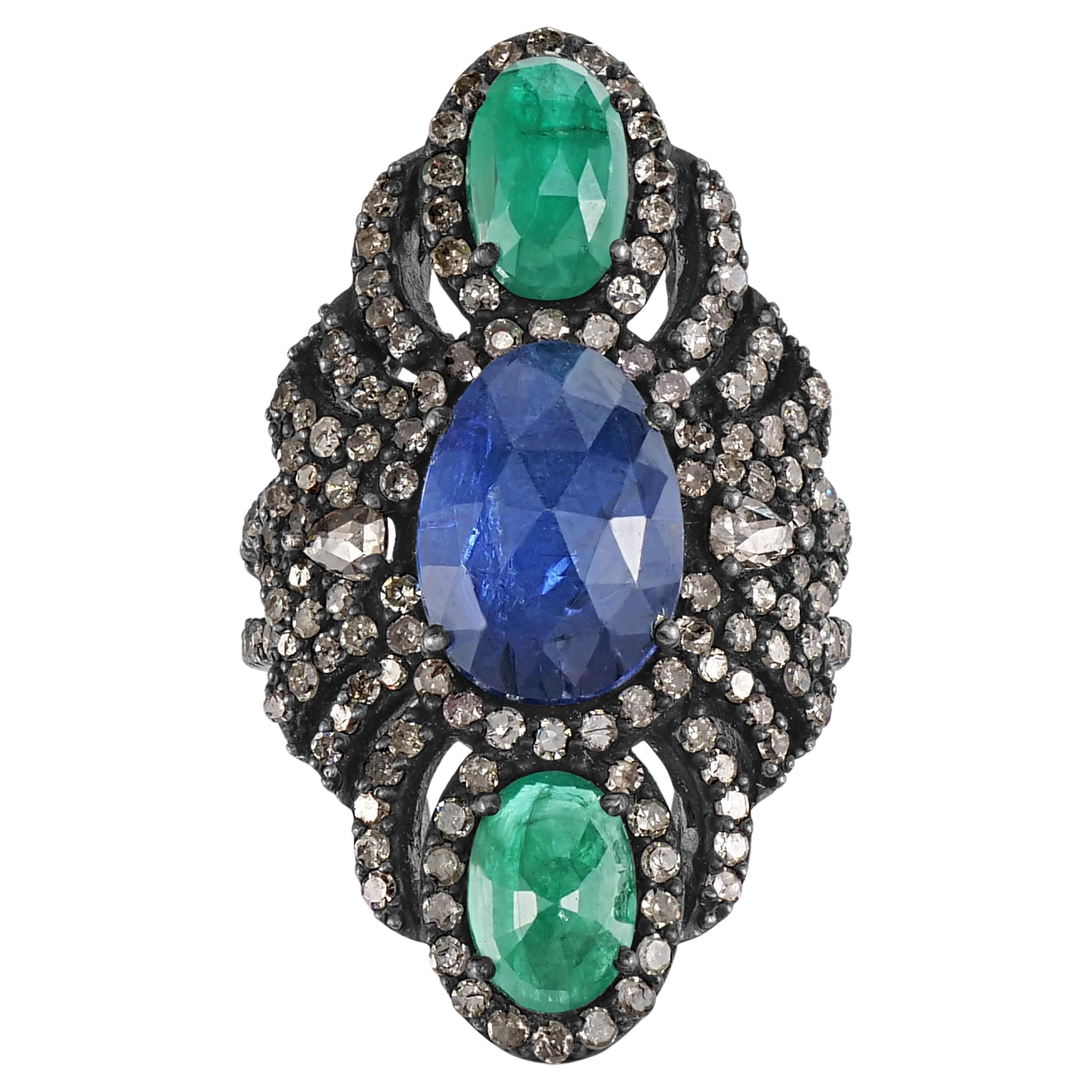 Viktorianisch 9.91 Cttw. Tansanit, Smaragd und Diamant Geteilter geblümter Ring mit geteiltem Schaft