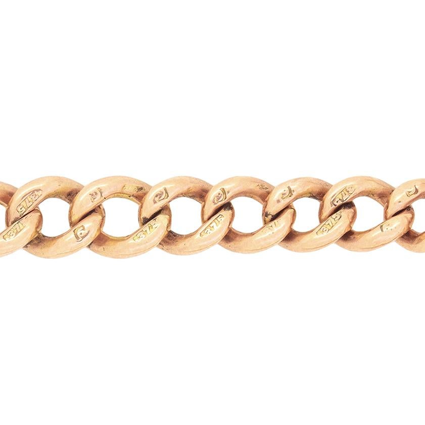 This Albert chain, dates back to the Victorian era. It features graduating links crafted from 9 carat rose gold and weighs 26.6 grams. Each gold link is individually hallmarked, and ends in a T bar. This chain from the 1900s is 15 inches long.

Age:
