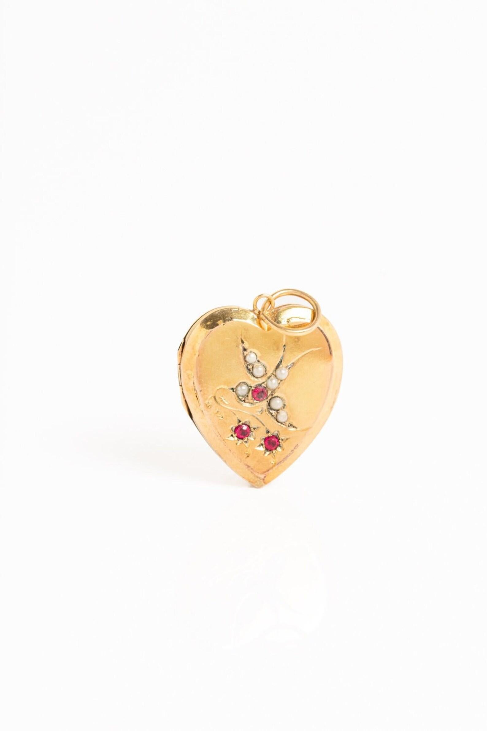 Women's  Victorian 9ct Front and Back Gold Heart Locket With Pearls and Rubies