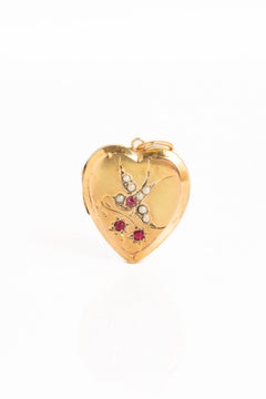 Victorian 9ct Front and Back Gold Heart Locket With Pearls and Rubies