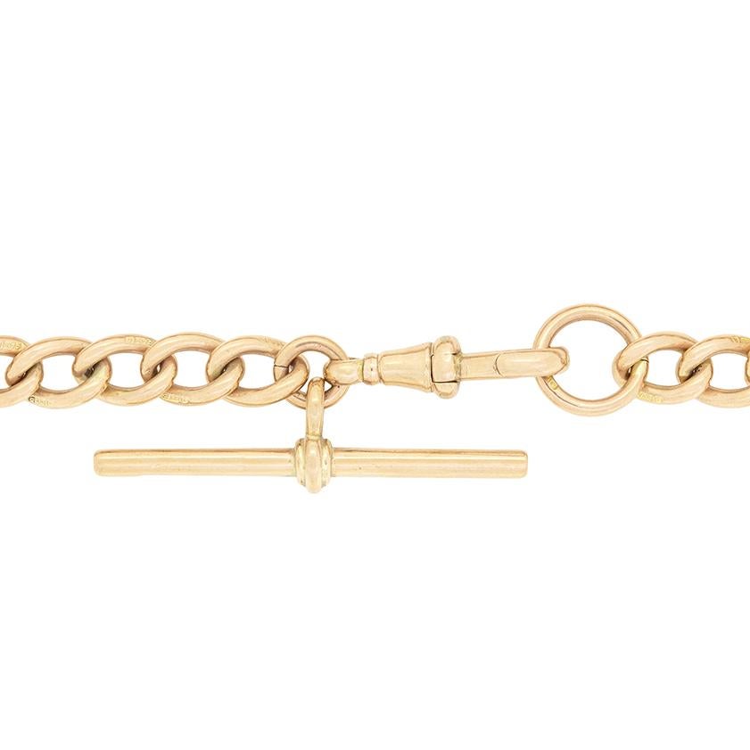 Crafted at the turn of the century this Albert chain bracelet is made in 9 carat rose gold. Hallmarked on each link as well as the T bar, the bracelet is 19.5 cm in length with a weight of 24.3 grams.

Metal: 9ct Yellow Gold
Age: 1900s