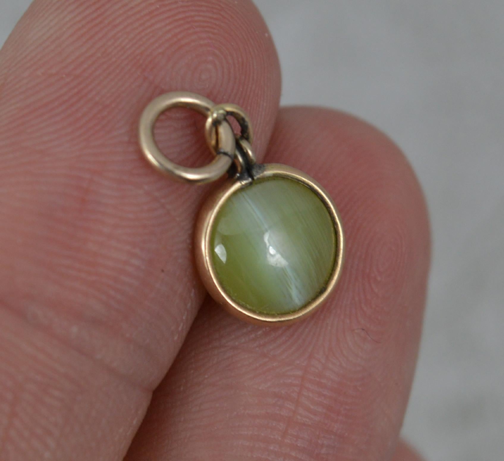 Cabochon Victorian 9ct Gold and Cats Eye Chrysoberyl Charm Pendant