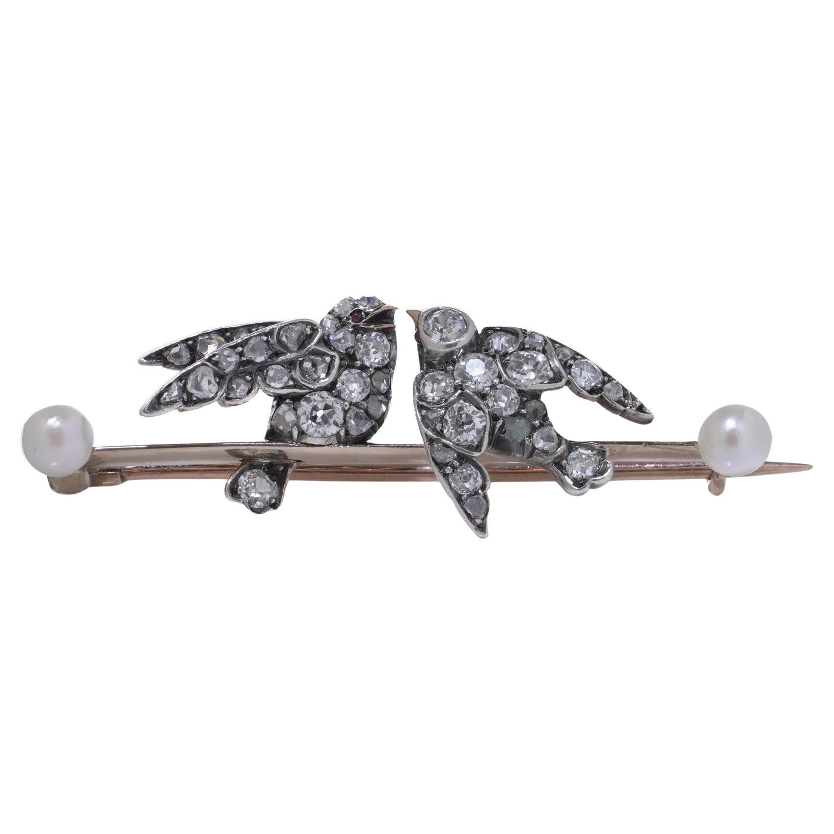Broche victorienne en or 9ct et argent avec diamants et perles, représentant un oiseau