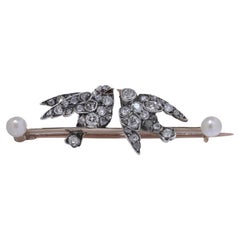 Victorian 9ct Gold and Silver Bird Brooch with Diamonds and Pearls