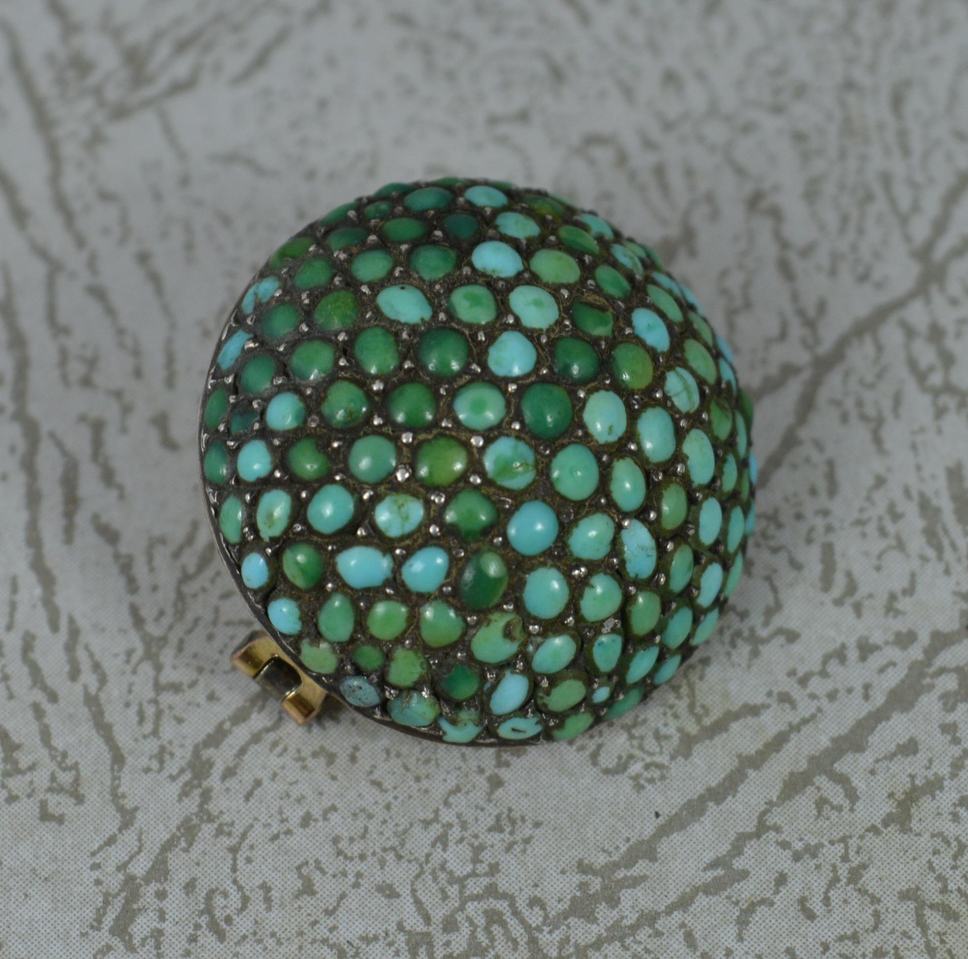 Round Cut Victorian 9ct Gold and Turquoise Bombe Style Cluster Brooch For Sale