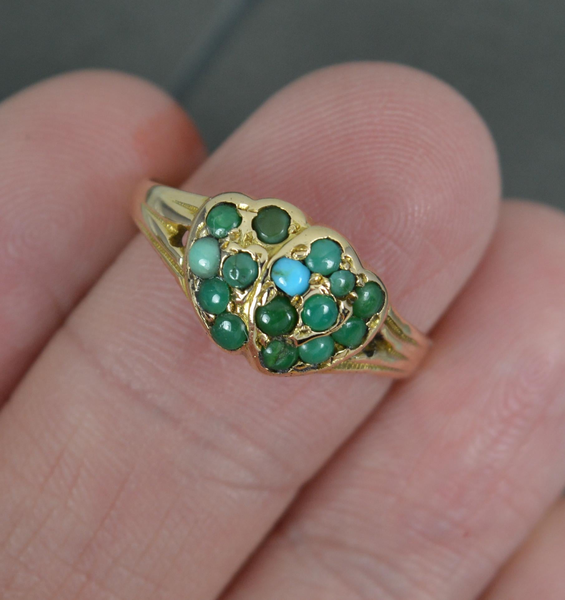 Victorian 9 Carat Gold and Turquoise Double Heart Cluster Ring In Excellent Condition For Sale In St Helens, GB