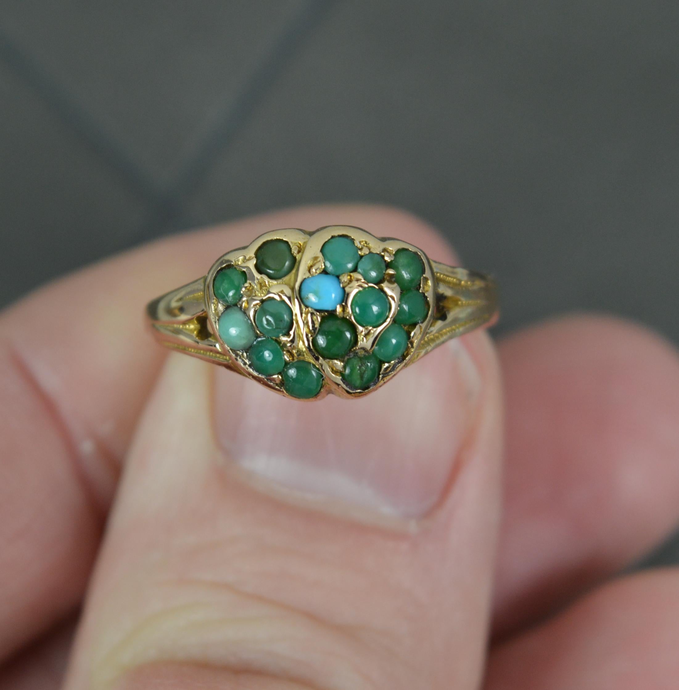 Women's Victorian 9 Carat Gold and Turquoise Double Heart Cluster Ring