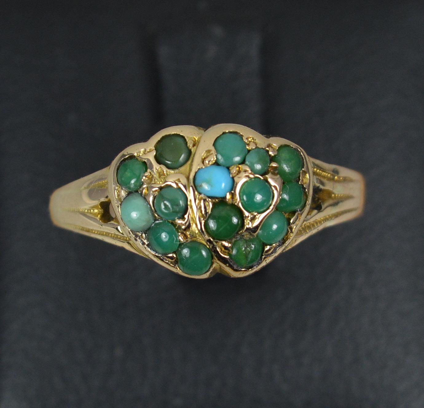 Victorian 9 Carat Gold and Turquoise Double Heart Cluster Ring For Sale 3